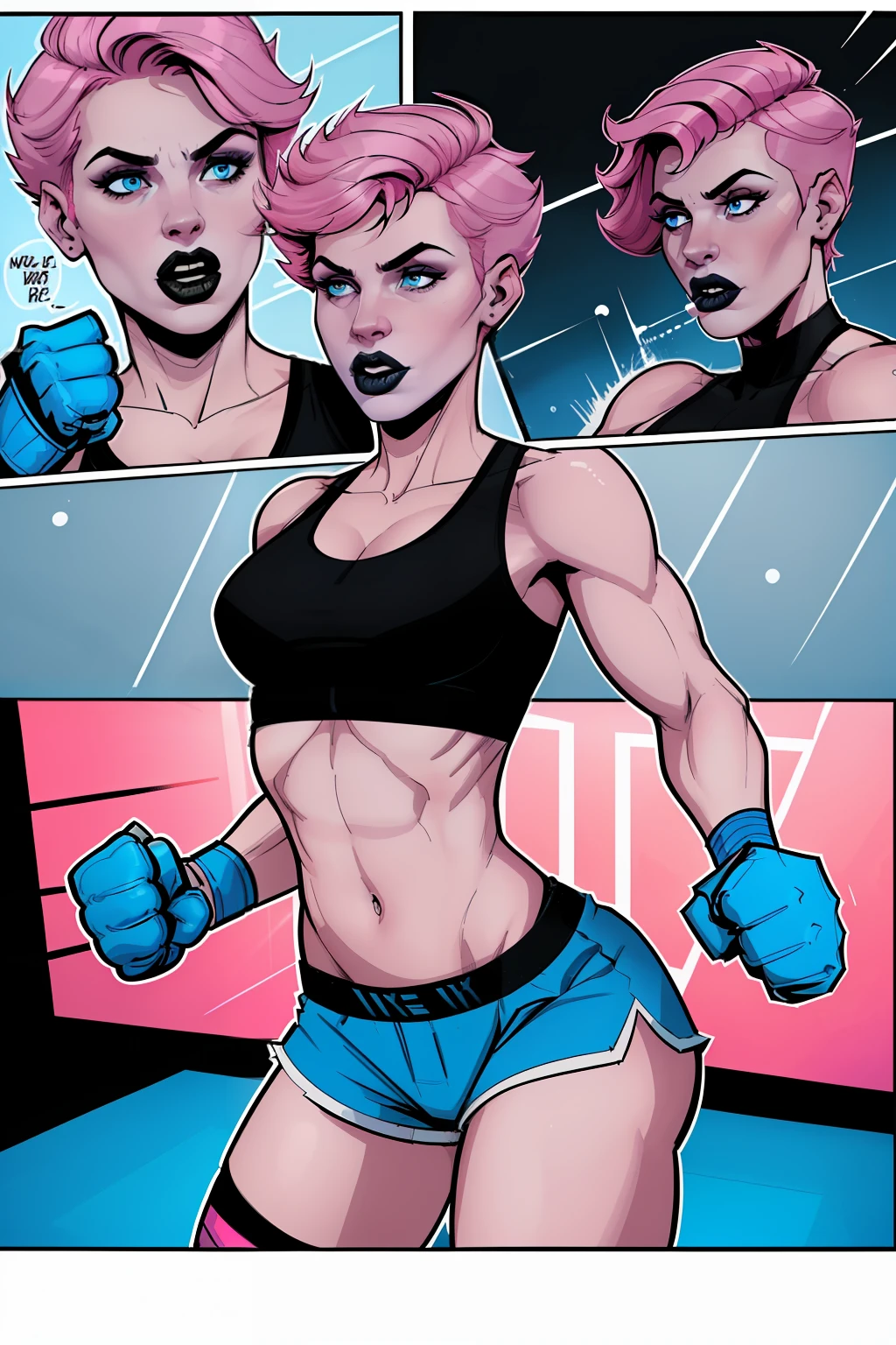 punching someone, woman, inside collage boxing stadium, boxing ring, pale blue eyes, detailed short pink hair Short Side Comb haircut, scared expression, black lipstick, small tits, wearing a black sports bra, blue boxing shorts, blue boxing gloves, comic book style, flat shaded, prominent comic book outline linework