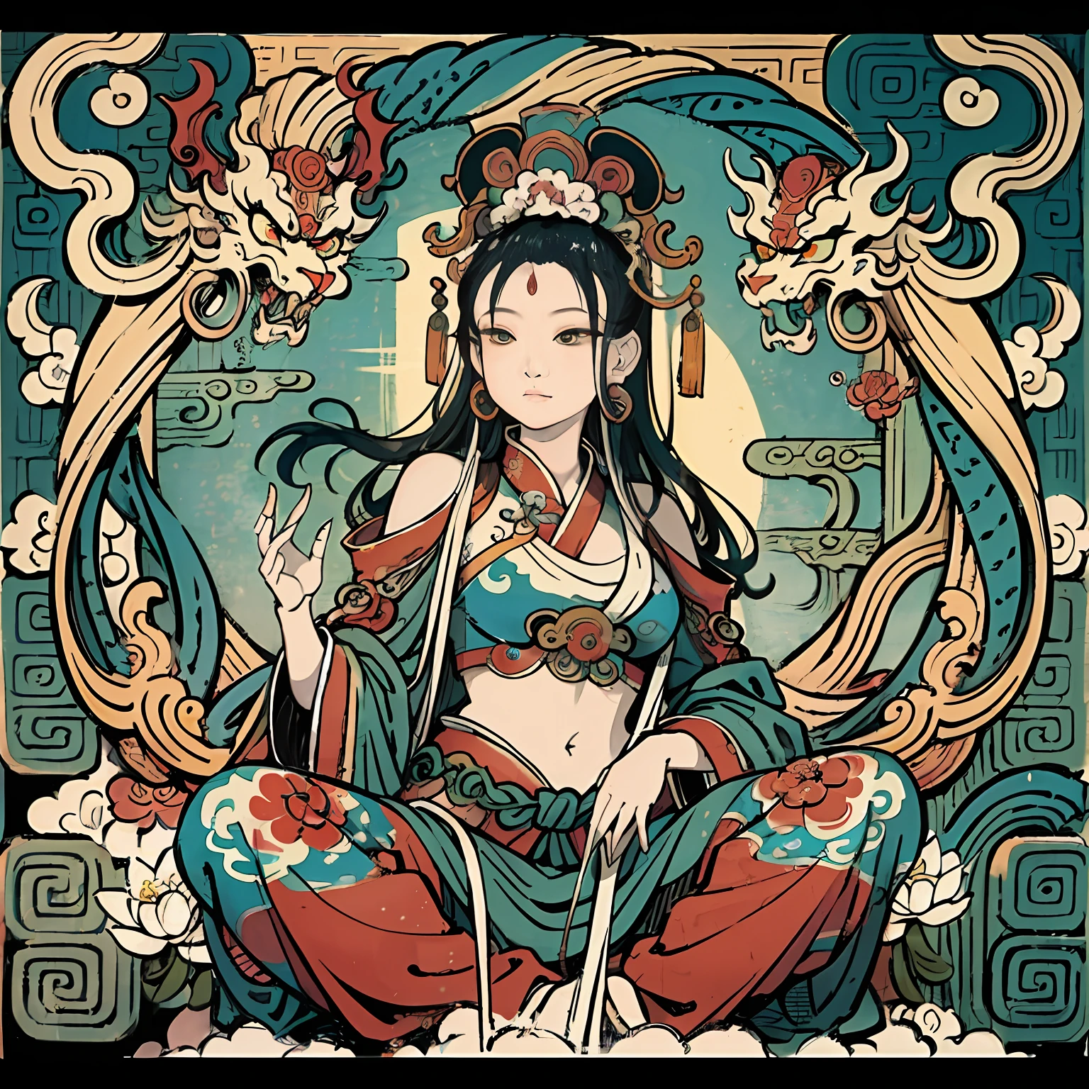 an ancient Chinese goddess, guanyin of the southern seas, Guanyin, Inspired by India, Avalokiteshvara rides a dragon,Serene expression,shui mo hua,Buddha,Buddhist,Lotus,Chinese painting style,Thangka style