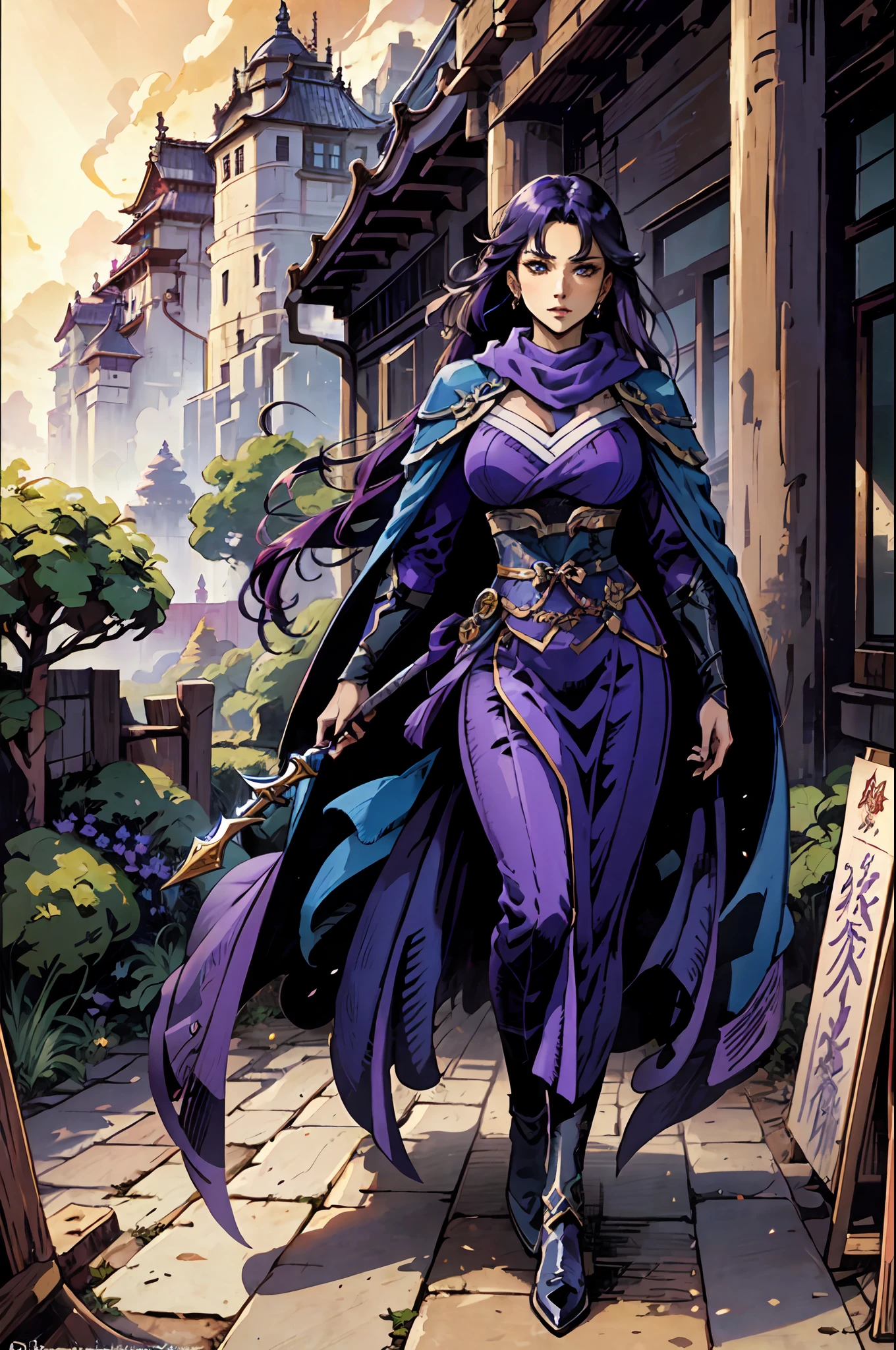 a beautiful woman dressed in a long blue-purple cloak stands before us, her face stern with sharp eyes, Her slender and muscular figure beneath the cloak exudes the aura of a top-notch swordsman, Her style is reminiscent of Chinese martial arts heroes in Japanese anime, with a mature artistic style and finely crafted character design, a beautiful woman ((character concept art)), full body character drawing, high definition, best quality, ultra-detailed, extremely delicate, anatomically correct, symmetrical face, extremely detailed eyes and face, high quality eyes, creativity, RAW photo, UHD, 8k, professional lighting, (masterpiece:1.5)