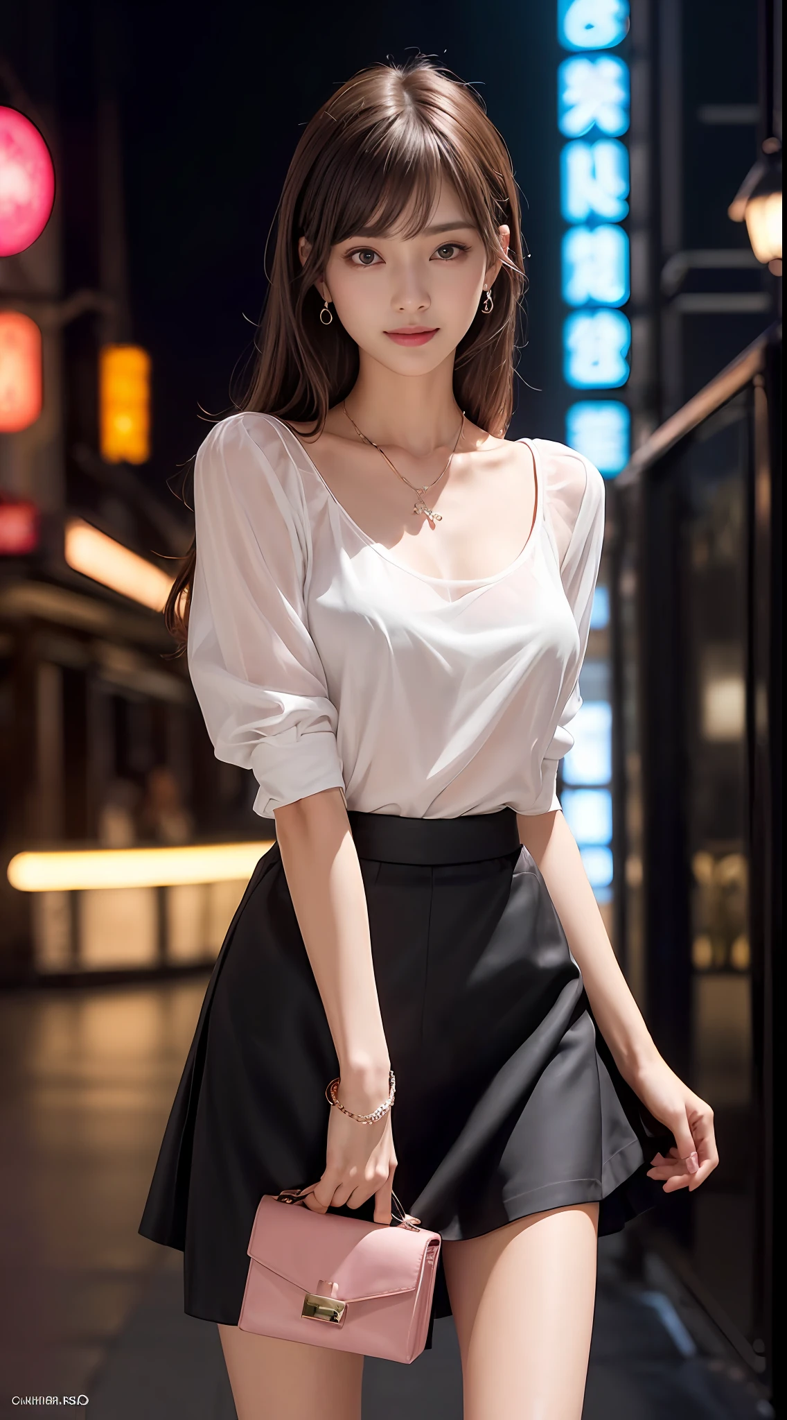 8k, masterpiece, RAW photo, best quality, photorealistic, extremely detailed CG unity 8k wallpaper, Depth of field, Cinematic Light, Lens Flare, Ray tracing, (extremely beautiful face, beautiful lips, beautiful eyes), intricate detail face, ((ultra detailed skin)) 1girl, in the dark, deep shadow, pretty korean girl, kpop idol,(very slim slender fit-muscled body:1.3), ((looking at viewer)),(big smile:1.3), (night, (neon sign), (blurry background), midnight, (without people in the background:1.3), pretty korean girl, white diamond earrings, bracelets, necklace, pantyhose, clear eyes, walking , front shot, (pale skin), face forward, (big eyes), full body shot, ((see through, pink color blouse)), ((black color skirt :1.3)), (brown hairs) (looking at viewer:1.3), (laced bra), very slim, medium breasts, Hermes bag