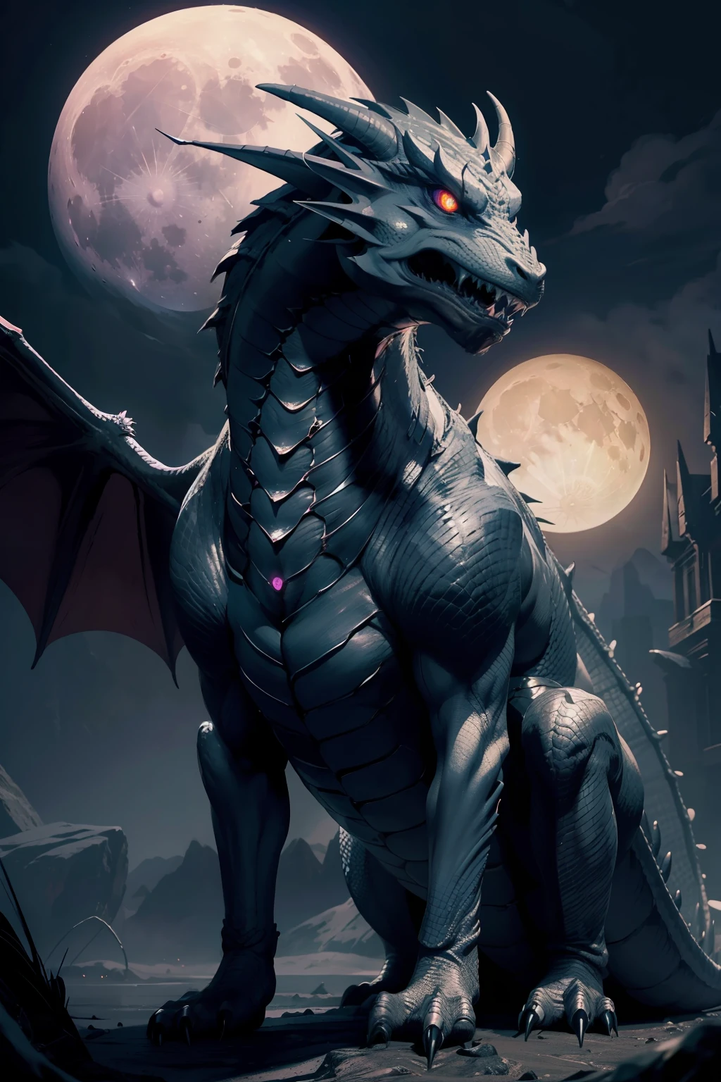 Great dragon glowing eyes in front of the great Legendary Moon hyper realistic super detailed