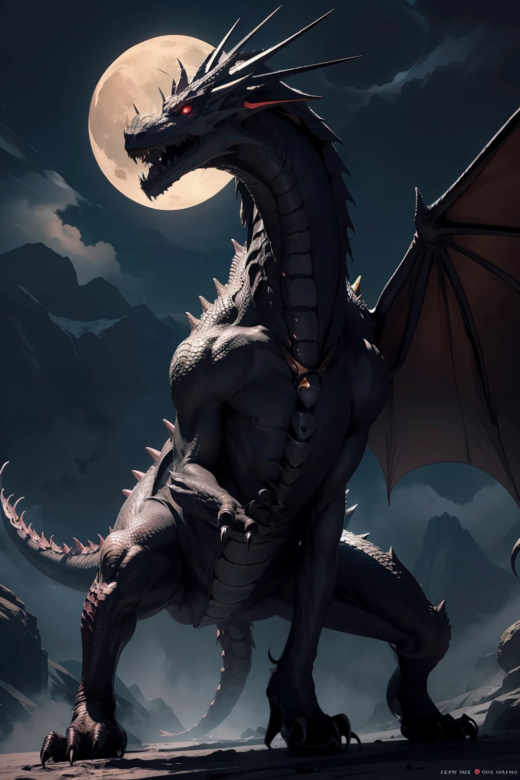 Great dragon glowing eyes in front of the great Legendary Moon hyper realistic super detailed