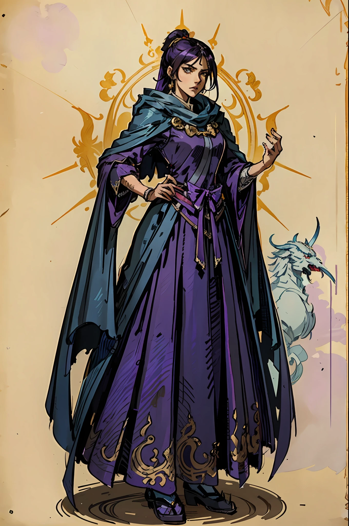 a beautiful woman dressed in a long blue-purple cloak stands before us, her face stern with sharp eyes, Her slender and muscular figure beneath the cloak exudes the aura of a top-notch swordsman, Her style is reminiscent of Chinese martial arts heroes in Japanese anime, with a mature artistic style and finely crafted character design, a beautiful woman ((character concept art)), full body character drawing, high definition, best quality, ultra-detailed, extremely delicate, anatomically correct, symmetrical face, extremely detailed eyes and face, high quality eyes, creativity, RAW photo, UHD, 8k, professional lighting, (masterpiece:1.5)