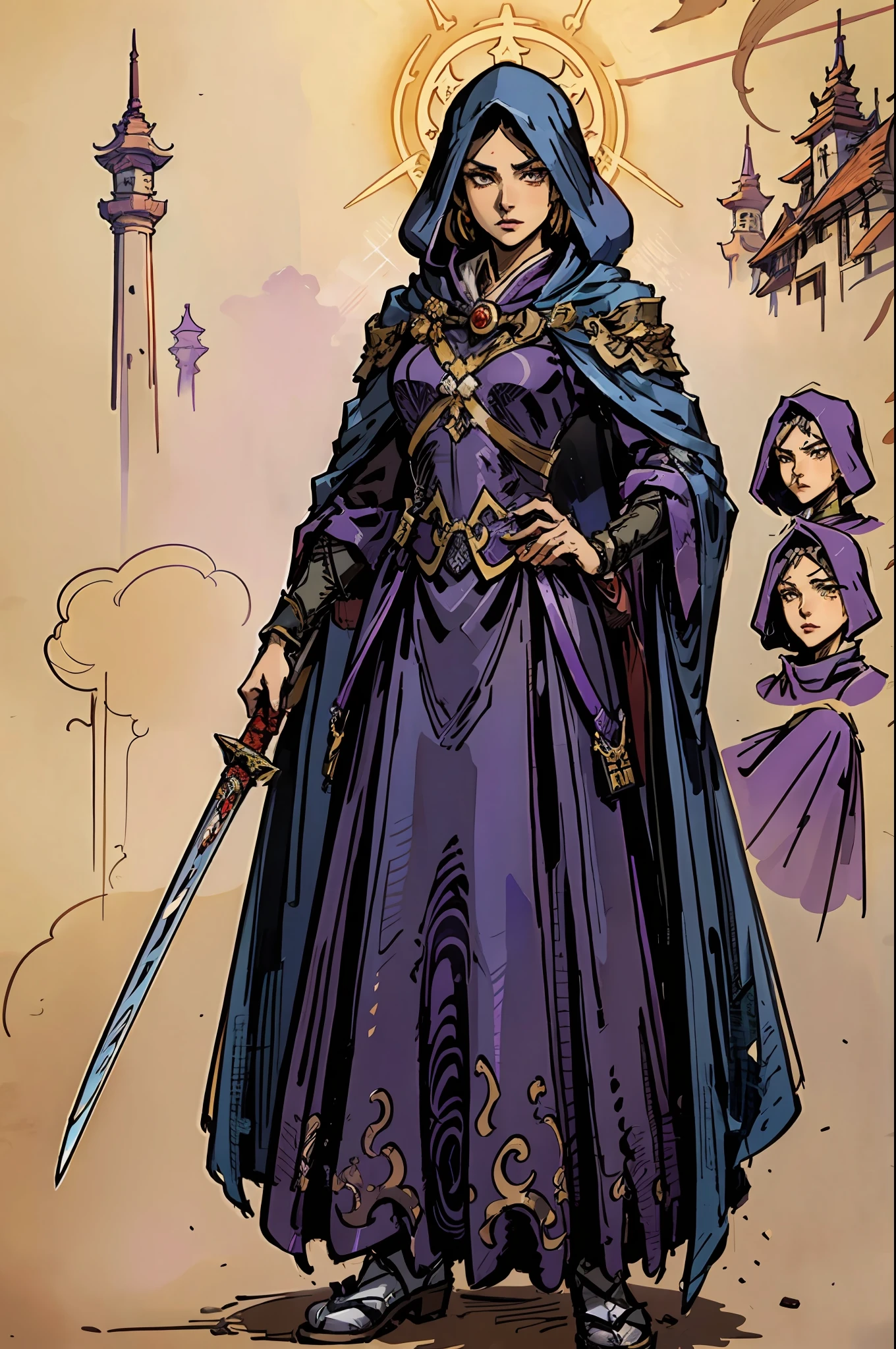 a beautiful woman dressed in a long blue-purple cloak stands before us, her face stern with sharp eyes, Her slender and muscular figure beneath the cloak exudes the aura of a top-notch swordsman, Her style is reminiscent of Chinese martial arts heroes in Japanese anime, with a mature artistic style and finely crafted character design, a beautiful woman ((character concept art)), full body character drawing, high definition, best quality, ultra-detailed, extremely delicate, anatomically correct, symmetrical face, extremely detailed eyes and face, high quality eyes, creativity, RAW photo, UHD, 8k, professional lighting, (masterpiece:1.5)