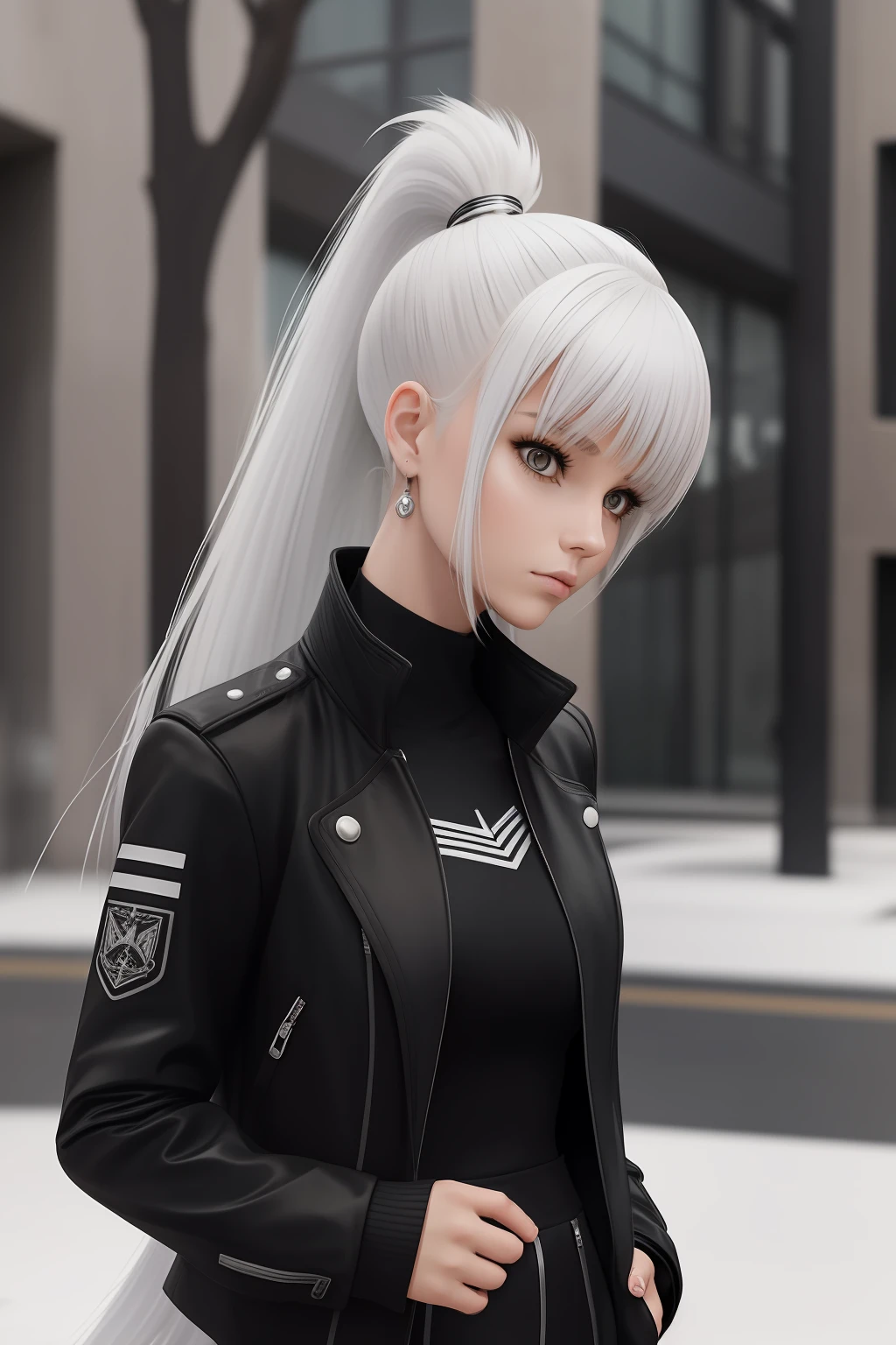 Girl 24 years old. white colored hair. Hair gathered in a ponytail. Asymmetrical long bangs. Gray eyes with black squirrels. black jacket, Leggings and high boots. Silver elements. max detail. serious face