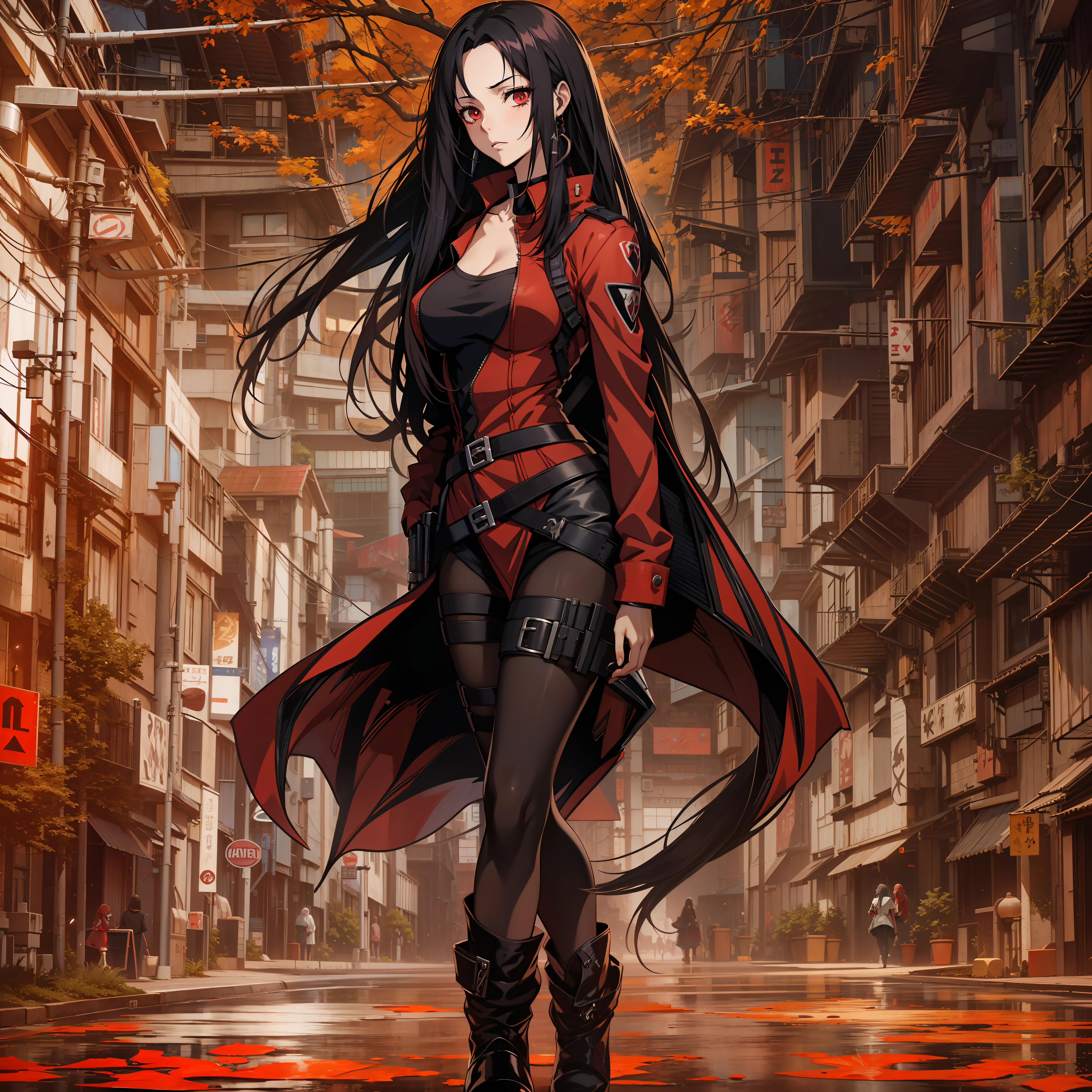 anime girl in a red dress with long hair and a black top, in the anime series ergo proxy, !!full body portrait!!, in a mixed style of æon flux, by Shingei, makise kurisu, no face, in the anime film ergo proxy, style mix of æon flux, glamorous tifa lockheart, tifa lockhart portrait