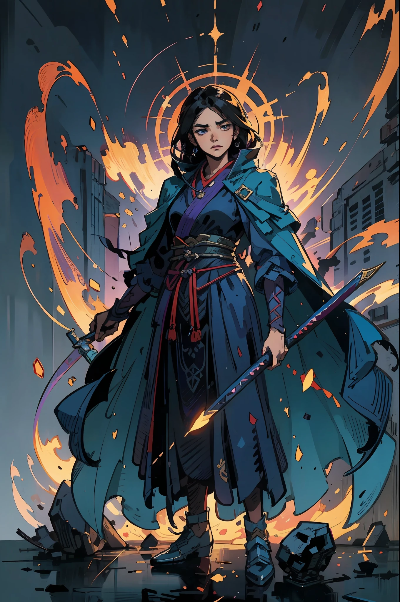 a beautiful woman dressed in a long blue-purple cloak stands before us, her face stern with sharp eyes, Her slender and muscular figure beneath the cloak exudes the aura of a top-notch swordsman, Her style is reminiscent of Chinese martial arts heroes in Japanese anime, with a mature artistic style and finely crafted character design, a beautiful woman ((character concept art)), full body character drawing, high definition, best quality, ultra-detailed, extremely delicate, anatomically correct, symmetrical face, extremely detailed eyes and face, high quality eyes, creativity, RAW photo, UHD, 8k, professional lighting, (masterpiece:1.5)