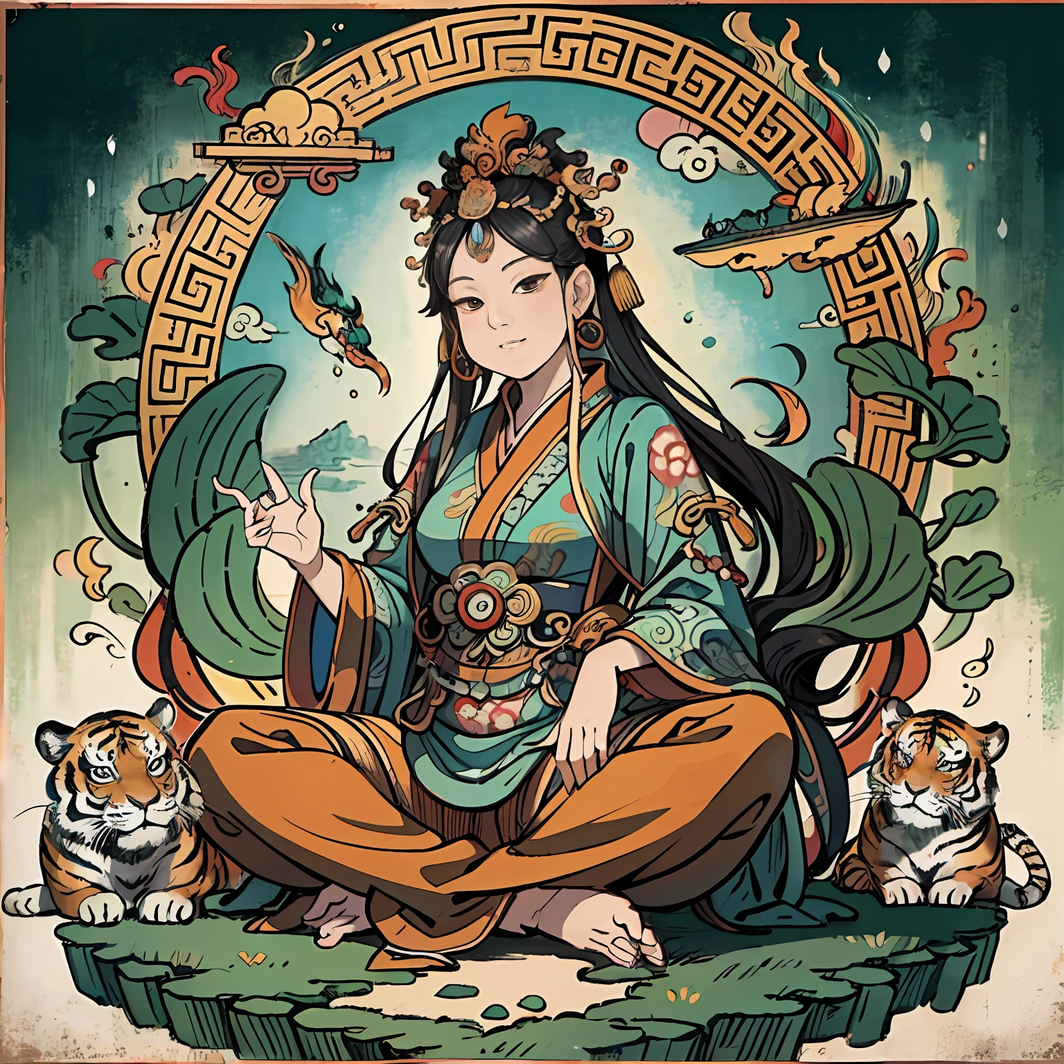 an ancient Chinese goddess, guanyin of the southern seas, Guanyin, Inspired by India, Avalokiteshvara rides a tiger,Serene expression,shui mo hua,Buddha,Buddhist,Lotus,Chinese painting style,Thangka style