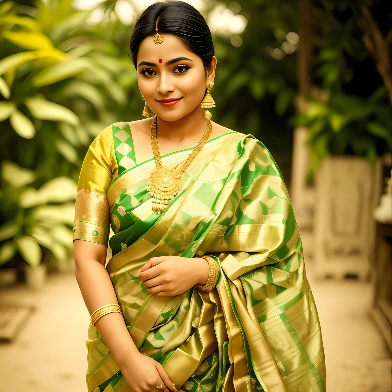 a close-up of a woman posing for a picture, wearing a bihu dress, with a lovely look, candid picture, Assamese aesthetic, candid photograph, traditional makeup, dressed in a sari, with professional makeup, with a happy expression