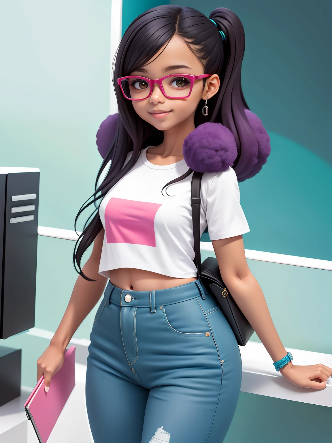 (obra-prima), (melhor qualidade), (ultra-detalhado), (corpo inteiro: 1.2) loli menina negra, nerd, glasses and books, notebook, pants and mini blouse, sorriso claro, corpo inteiro, :3, cabelo mesclado, curto, preso, pavor, moderno, Modern accessories, fundo tom pastel , colorido e simples.