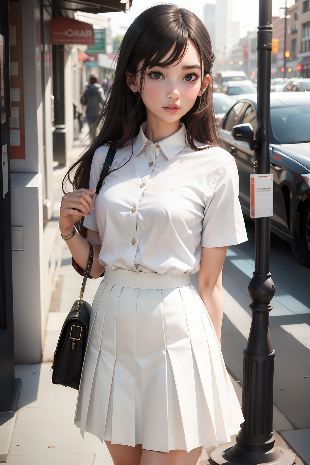 girl wear a white pleated skirt