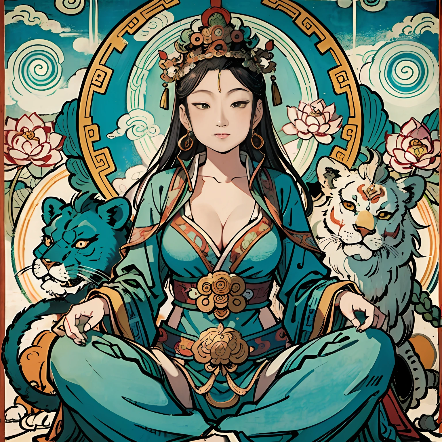 an ancient Chinese goddess, guanyin of the southern seas, Guanyin, Inspired by India, Avalokiteshvara rides a lion，,Serene expression,shui mo hua,Buddha,Buddhist,Lotus,Chinese painting style,Thangka style
