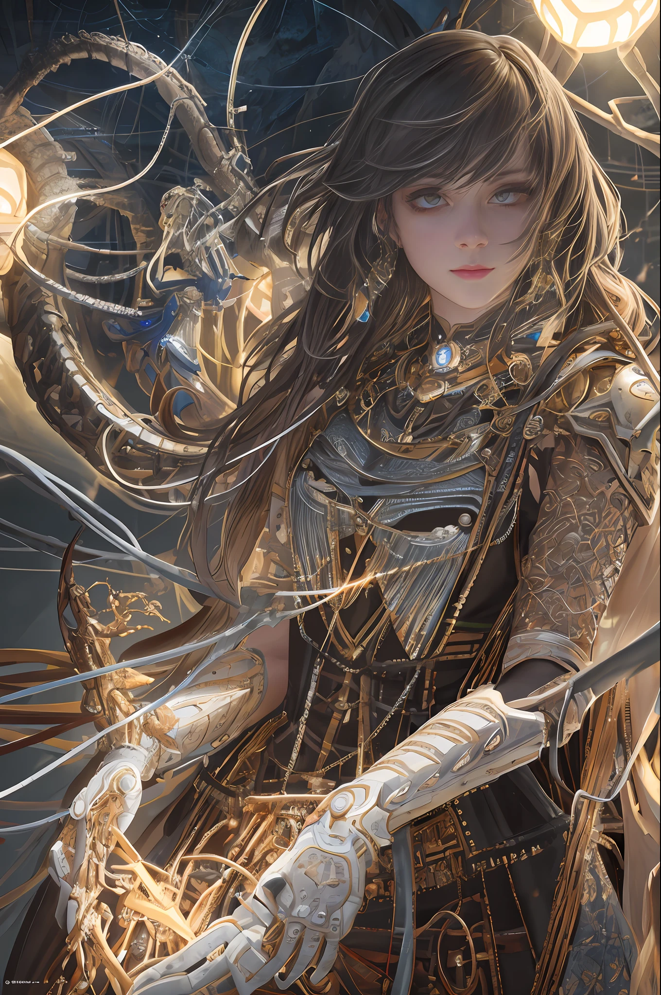 1mechanical girl,((ultra realistic details)), portrait, global illumination, shadows, octane render, 8k, ultra sharp,metal,intricate, ornaments detailed, cold colors, egypician detail, highly intricate details, realistic light, trending on cgsociety, glowing eyes, facing camera, neon details, machanical limbs,blood vessels connected to tubes,mechanical vertebra attaching to back,mechanical cervial attaching to neck,sitting,wires and cables connecting to head