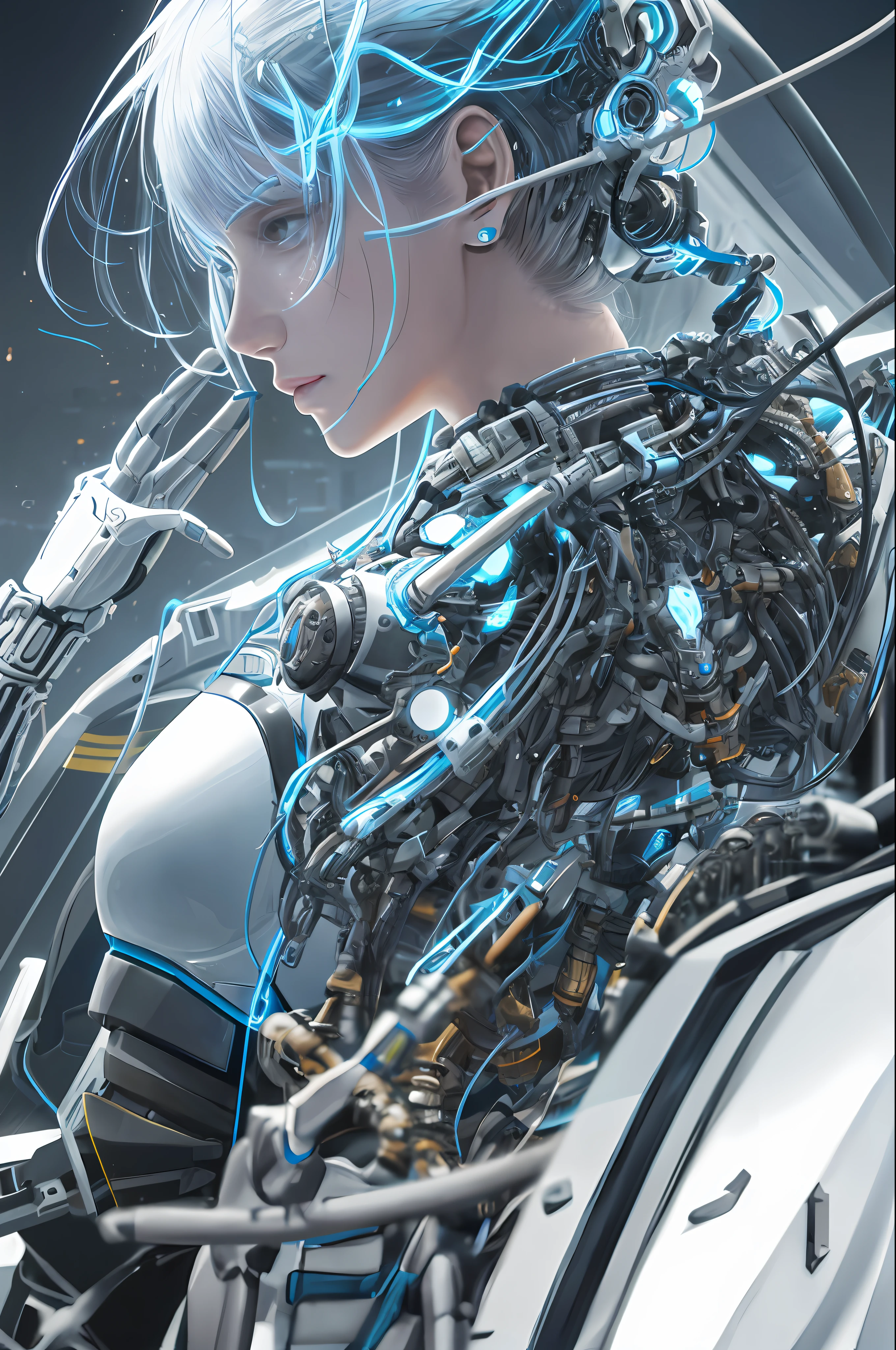 1mechanical girl,((ultra realistic details)), portrait, global illumination, shadows, octane render, 8k, ultra sharp,metal,intricate, ornaments detailed, cold colors, egypician detail, highly intricate details, realistic light, trending on cgsociety, glowing eyes, facing camera, neon details, machanical limbs,blood vessels connected to tubes,mechanical vertebra attaching to back,mechanical cervial attaching to neck,sitting,wires and cables connecting to head