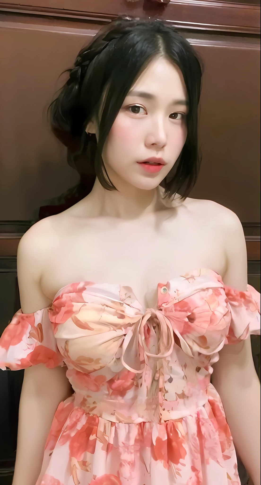 ((best quality, 8k, masterpiece: 1.3)), sharp: 1.2, perfect body beauty: 1.4, slender abs: 1.2, ((layered hairstyle, big breasts: 1.2)), (bandeau dress white: 1.1 ), city streets: 1.2, highly detailed facial and skin textures, detailed eyes, double eyelids, long brown hair, thin dress, hands behind, squatting, slightly revealing panties, revealing cleavage.