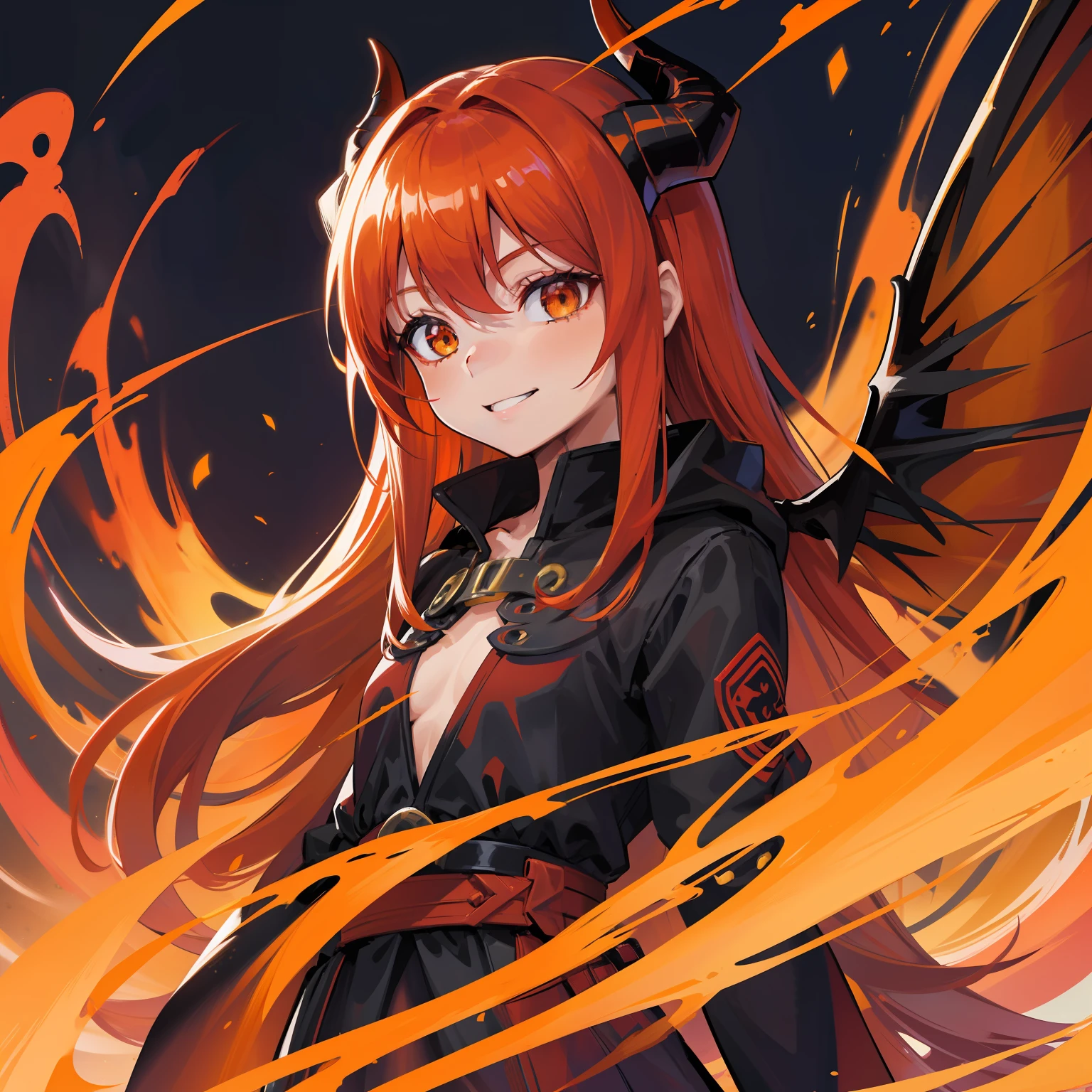 Red hair, child, female, yellow or orange eyes, demon, wings, exposed clothing, small chest, horns, black clothing, bright background, smile, Quality