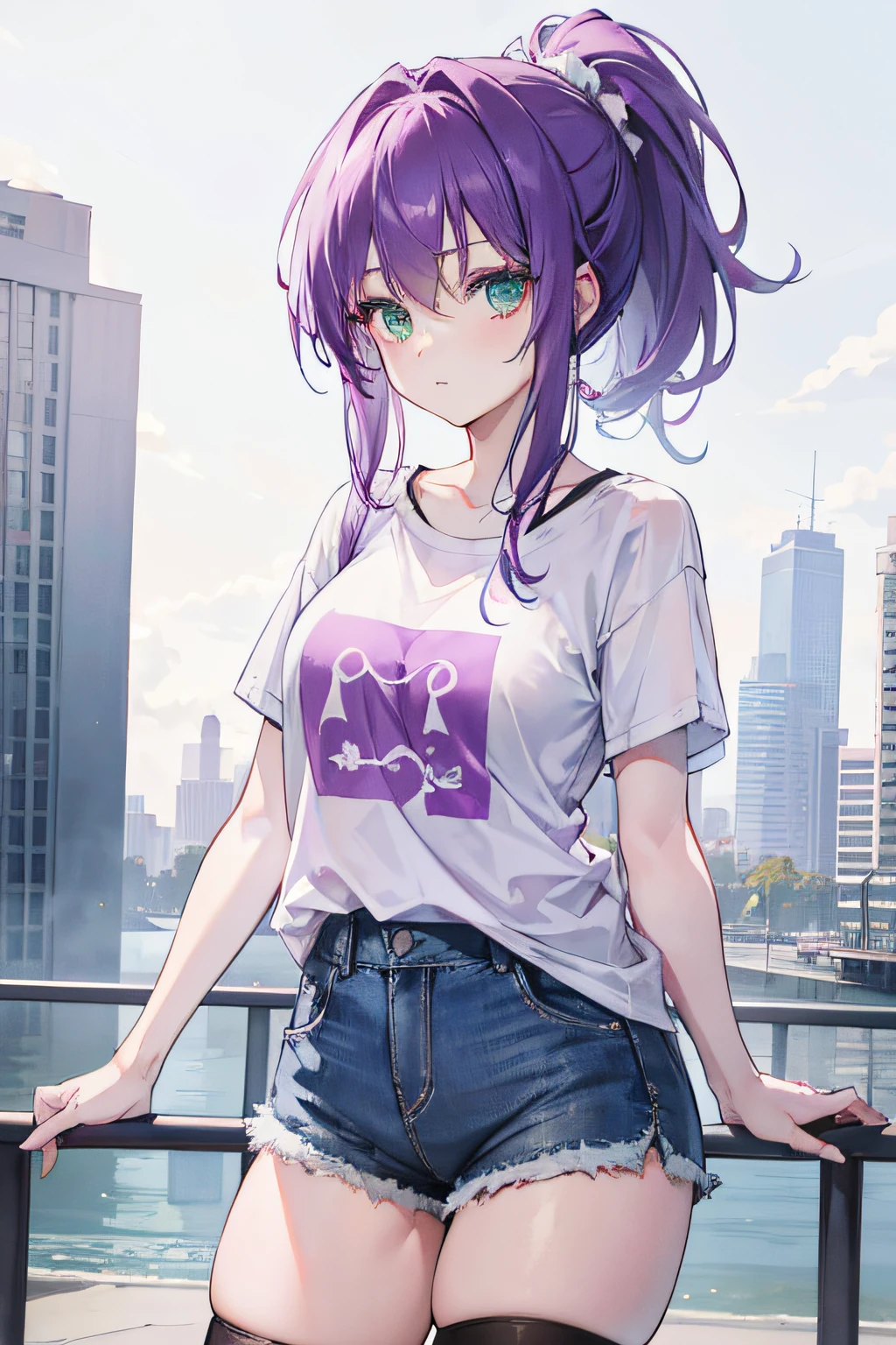 1girl, purple medium hair in a messy ponytail, green eyes, wearing plain white and light pink shirt, denim shorts,thigh highs, city, absurdres, high res, ultrasharp, 8K, masterpiece, looking at viewer