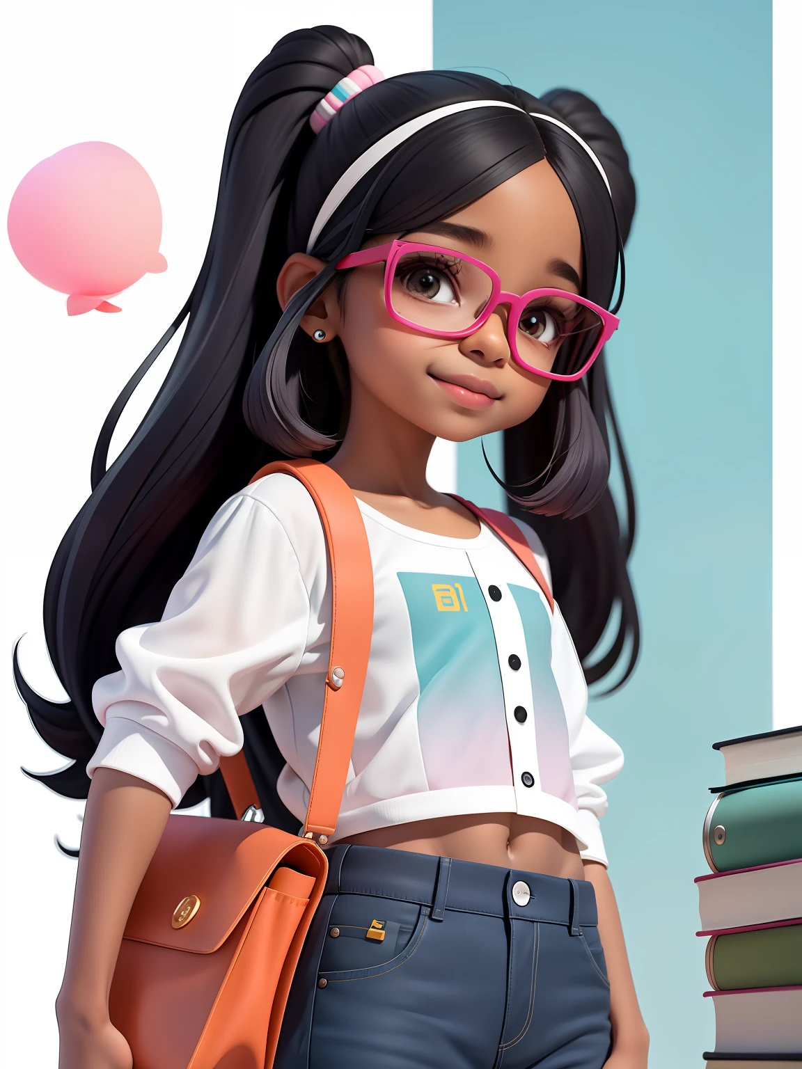 (obra-prima), (melhor qualidade), (ultra-detalhado), (corpo inteiro: 1.2) loli menina negra, nerd, glasses and books, notebook, pants and mini blouse, sorriso claro, corpo inteiro, :3, cabelo mesclado, curto, preso, pavor, moderno, Modern accessories, fundo tom pastel , colorido e simples.
