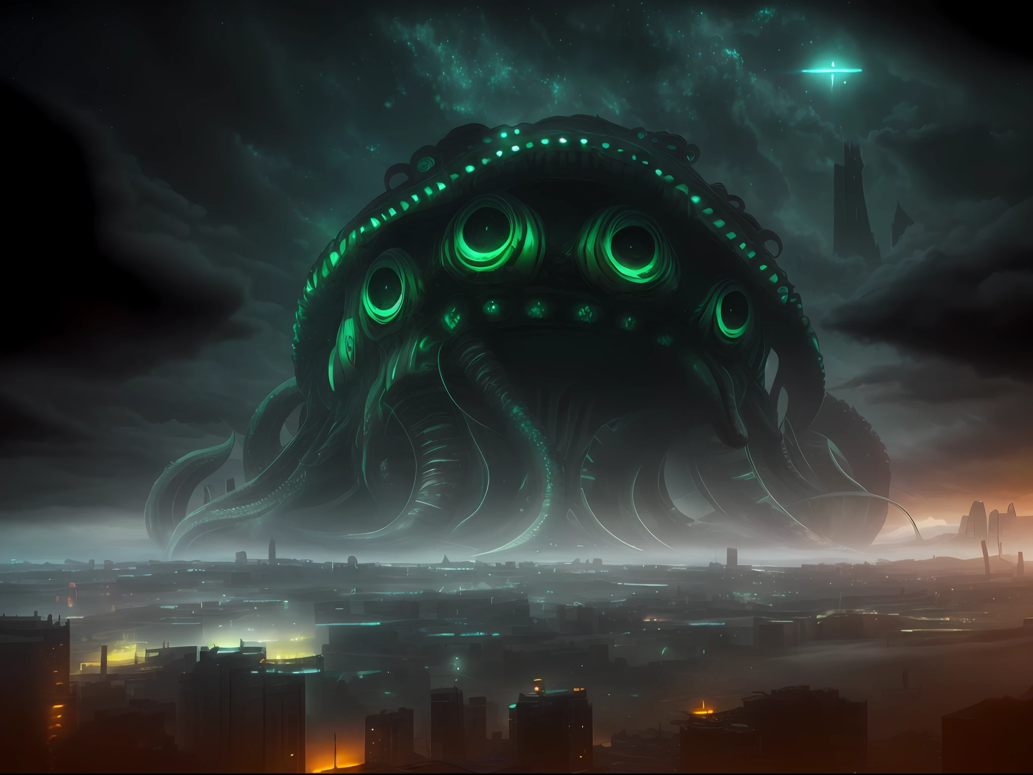 There is a huge octopus floating in the air, gigantic cthulhu, Alien cityscape, amazing space creature 4 k, giant cthulhu, lovecraftian landscape, an alien cityscape, lovecraftian monster, alien city, lovecraftian creature, tentacles in universe, photo of cthulhu, Tentacle Monster, in fantasy sci - fi city, Shogoth,Dark style,terroral,