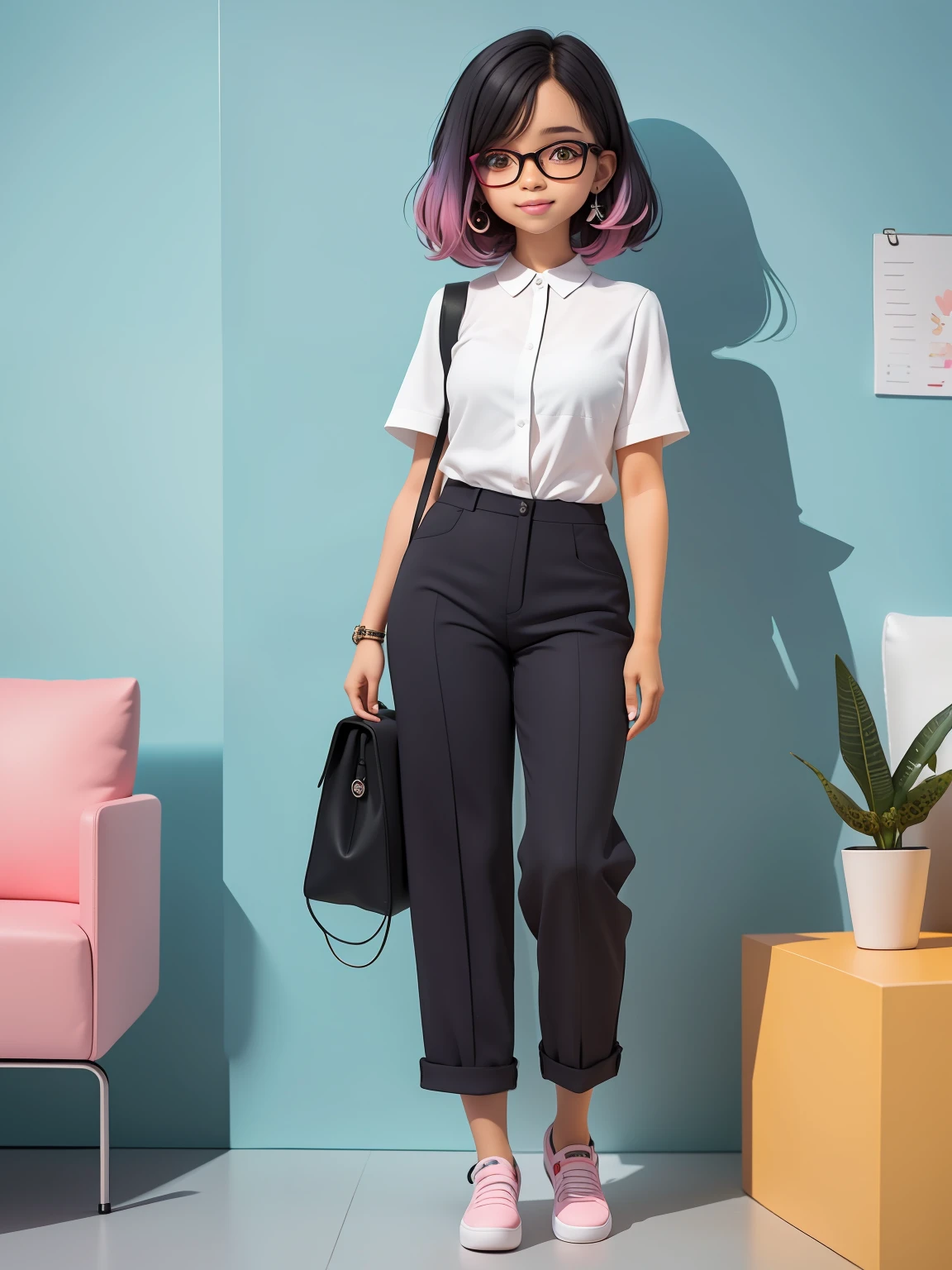 (obra-prima), (melhor qualidade), (ultra-detalhado), (corpo inteiro: 1.2) loli menina negra, nerd, glasses and books, notebook, pants and mini blouse, sorriso claro, corpo inteiro, :3, cabelo mesclado, curto, preso, pavor, moderno, Modern accessories, fundo tom pastel , colorido e simples.