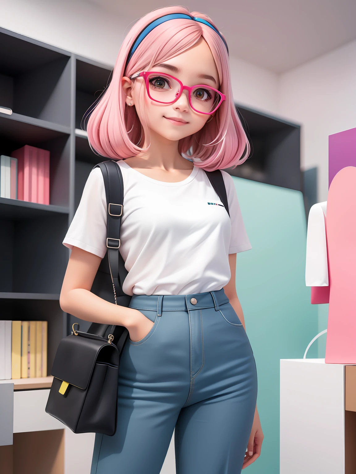 (obra-prima), (melhor qualidade), (ultra-detalhado), (corpo inteiro: 1.2) loli menina negra, nerd, glasses and books, notebook, pants and mini blouse, sorriso claro, corpo inteiro, :3, cabelo mesclado, curto, preso, pavor, moderno, Modern accessories, fundo tom pastel , colorido e simples.
