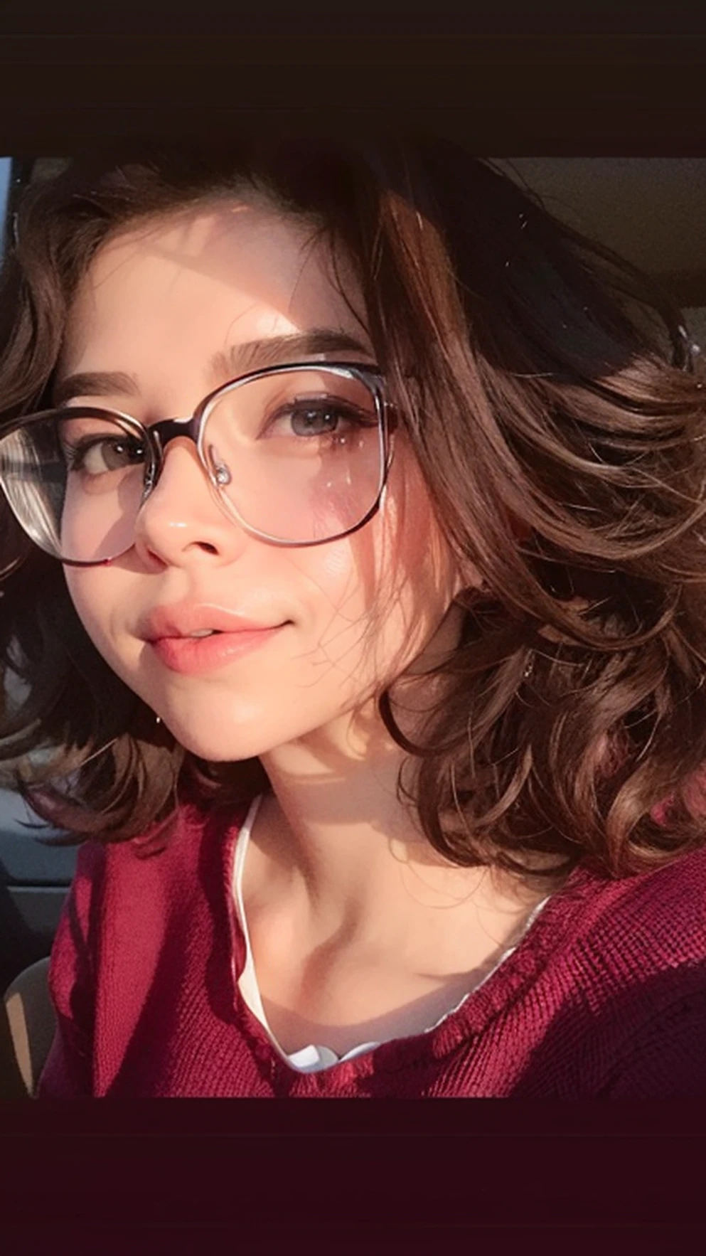 A woman in glasses and a red shirt is sitting in the car, halfbody headshot, headshot profile picture, with glasses, girl with glasses, Rebecca Sugar, High Quality Portrait, Girl in round glasses, taken in the early 2020s, Wearing small round glasses, profile shot, cynthwave, wearing thin large round glasses, 1 8 I