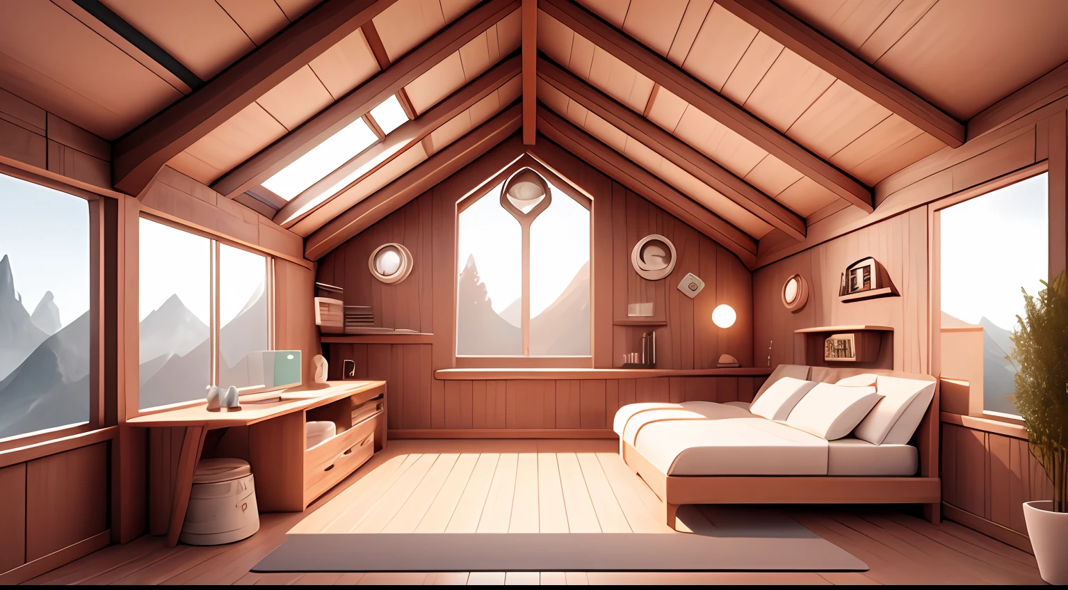 wooden attic, futuristic environment, insfantil scenery