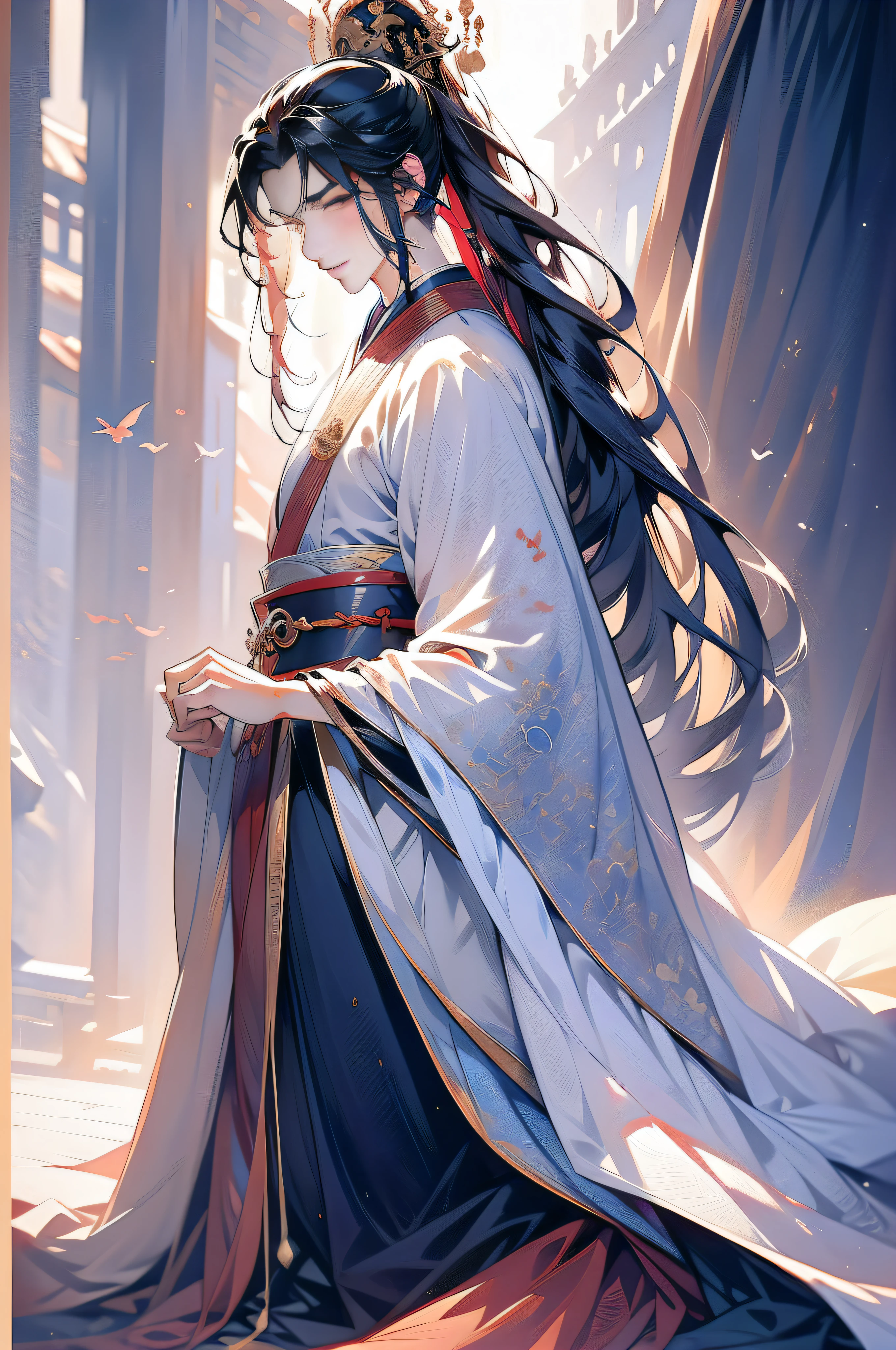China-style,ink and watercolor painting,Hanfu,1boys ,standing on your feet,The clothes are black and white,long whitr hair,Handsome,swordsmen,the detail,closeup of face,k hd,ultraclear,color fill-in,color full,The clothes have no pattern