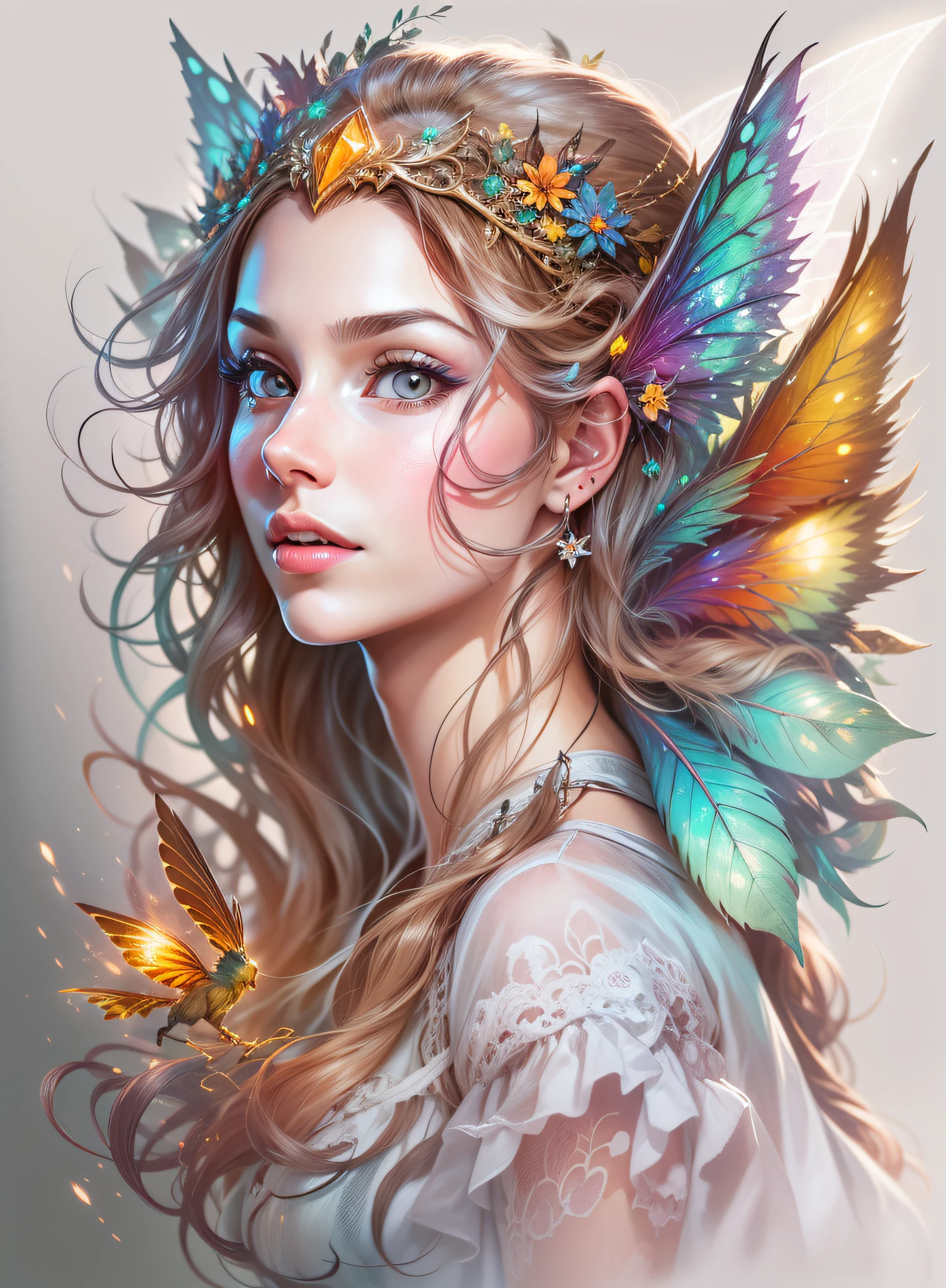 illuminated fairy woman, vector, realistic vivid colors, white background, centered image, detailed image, vector made for t-shirt printing, 2d, realistic image