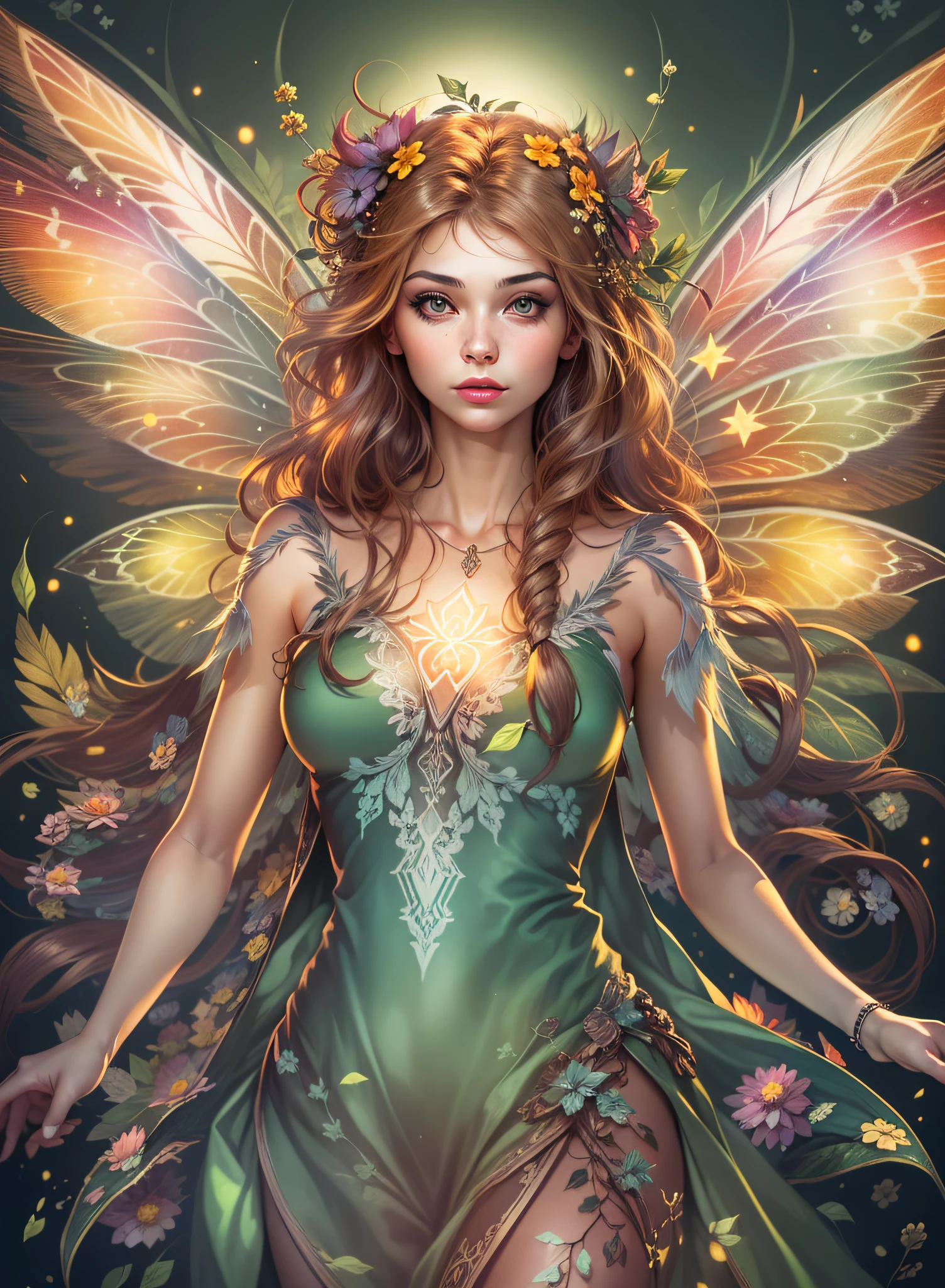 illuminated fairy woman, vector, realistic vivid colors, white background, centered image, detailed image, vector made for t-shirt printing, 2d, realistic image