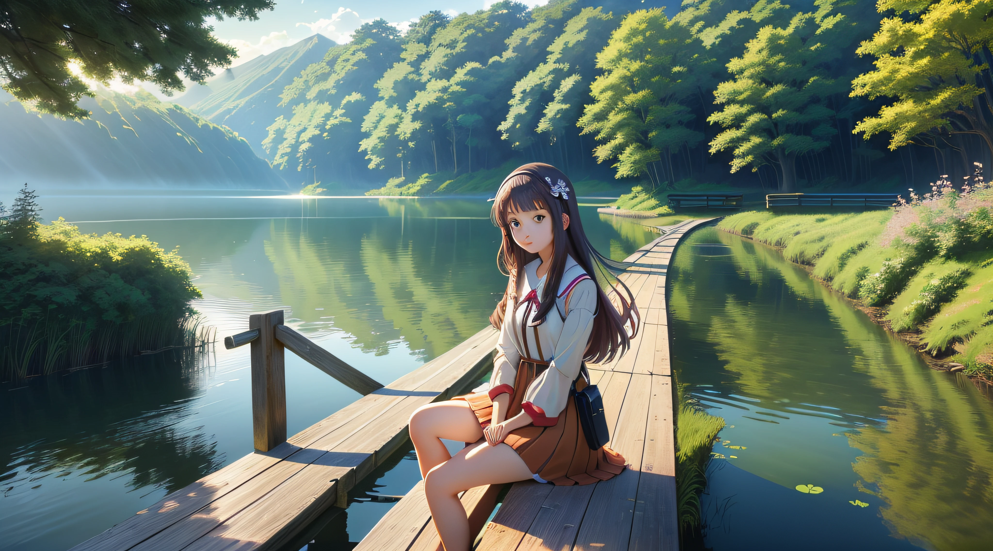 Anime girl sitting on a wooden bridge overlooking the lake, anime beautiful peace scene, anime girl desktop background, sitting at a pond, beautiful anime scenery, anime nature wallpap, anime countryside landscape, Smooth anime CG art, Anime Nature, beautiful anime scenes, sentado em frente a um lago, High Quality Anime Art Style, Beautiful anime artwork, sittinng on the river