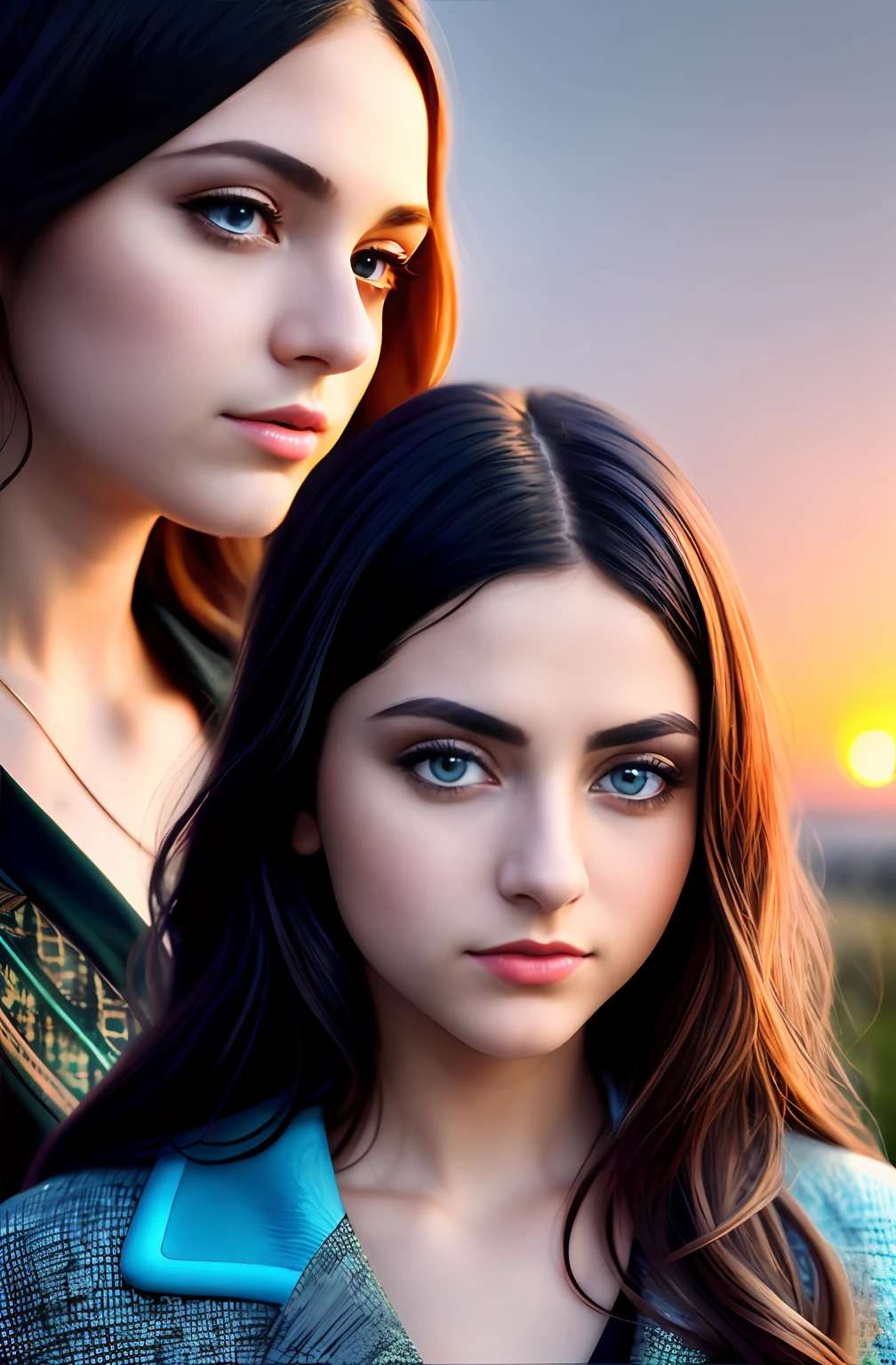 (Positive focus, Original photo),(((model shoot,2girls,duo))),navel,Portrait close-up, (Sunset: 1.1), Surrealistic Female Portraits by David Hockney and Alphonse Mucha, Fantasy art,Wear gorgeous furs, (Blue pupil: 1.4, shiny pupils: 1.4, Big eyes: 1.1), Photo fidelity, Dynamic lighting, Art Station, poster for, voluminetric lighting, Very detailed face, 4K, Award-winning, Shadows, understated, (official outfit: 1.4, Complex clothing), Looking at the camera, Bust Up Shot, (Realistic face)),