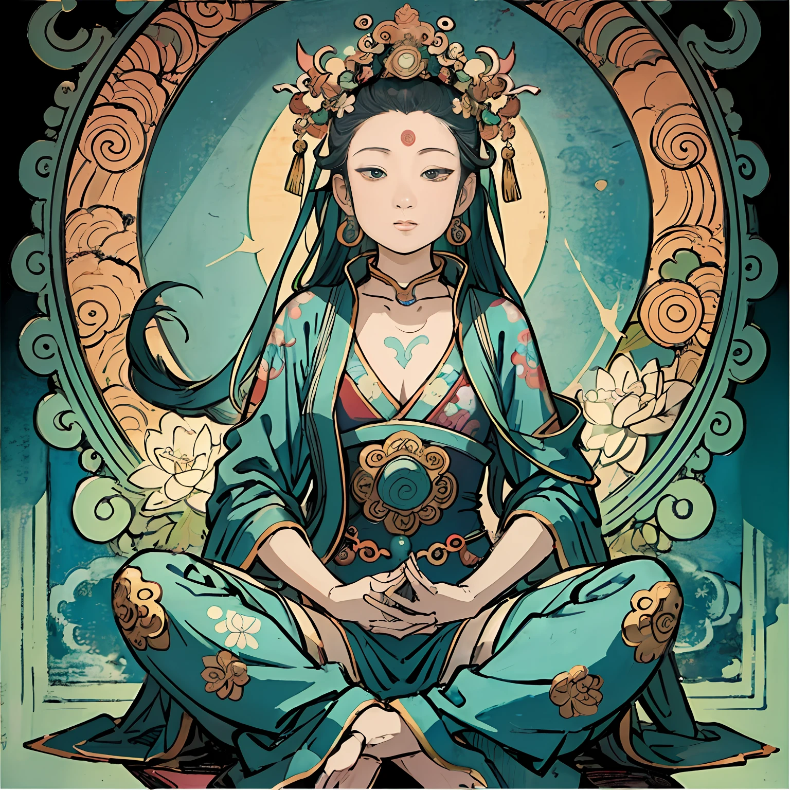 Woman sitting on a lotus,guanyin of the southern seas,Guanyin,contented female bodhisattva,jade sculpture,bodhisattva,queen of the sea mu yanling,serene,Serene expression,shui mo hua,Buddha,Buddhist,Lotus,Chinese painting style,Thangka style