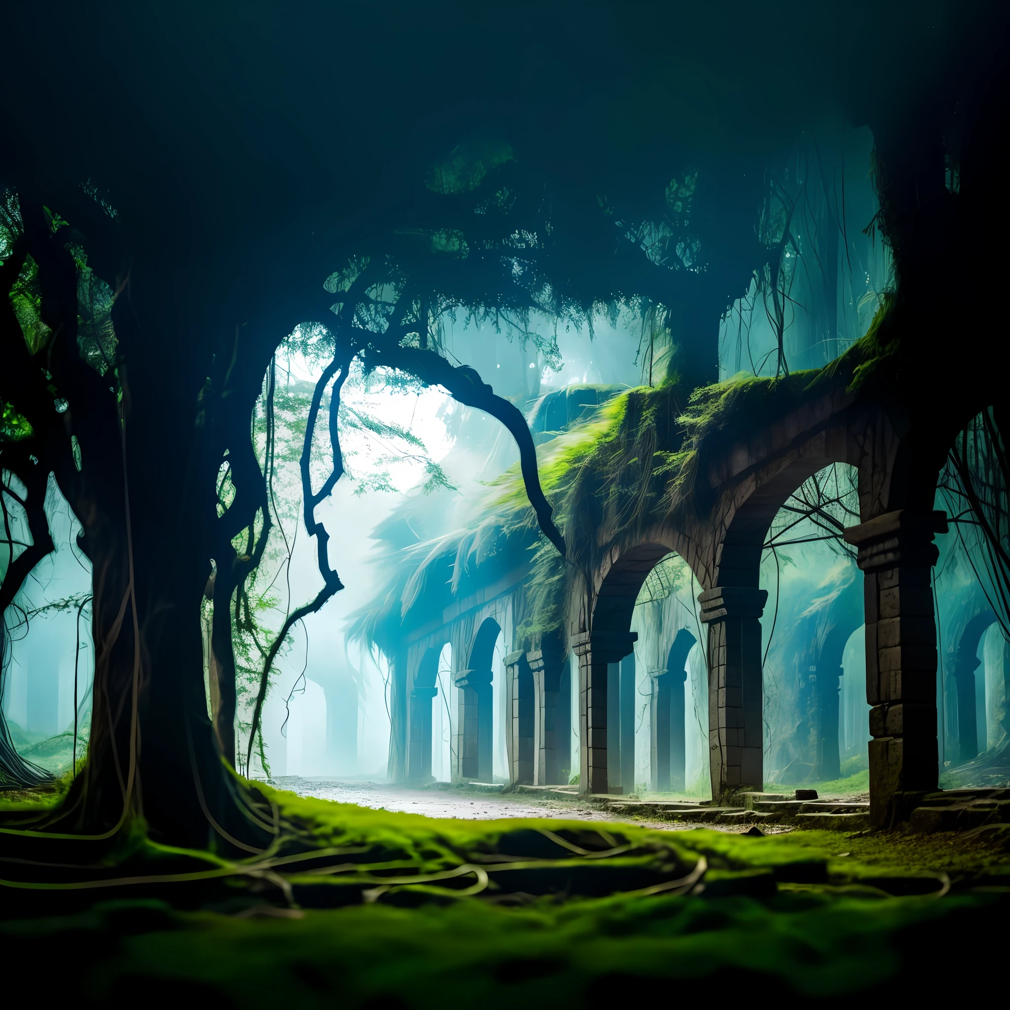 Forest view with trails and stone arches, beautiful ancient forest, ancient ruins in the forest, ancient magical overgrown ruins, Mossy ruins, Ancient forest, eerie jungle, overgrown jungle ruins, Ancient Jungle, Magical environment, an enchanted forest, Fantasy Forest, fantasy jungle, magical fantasy forest, ancient overgrown ruins