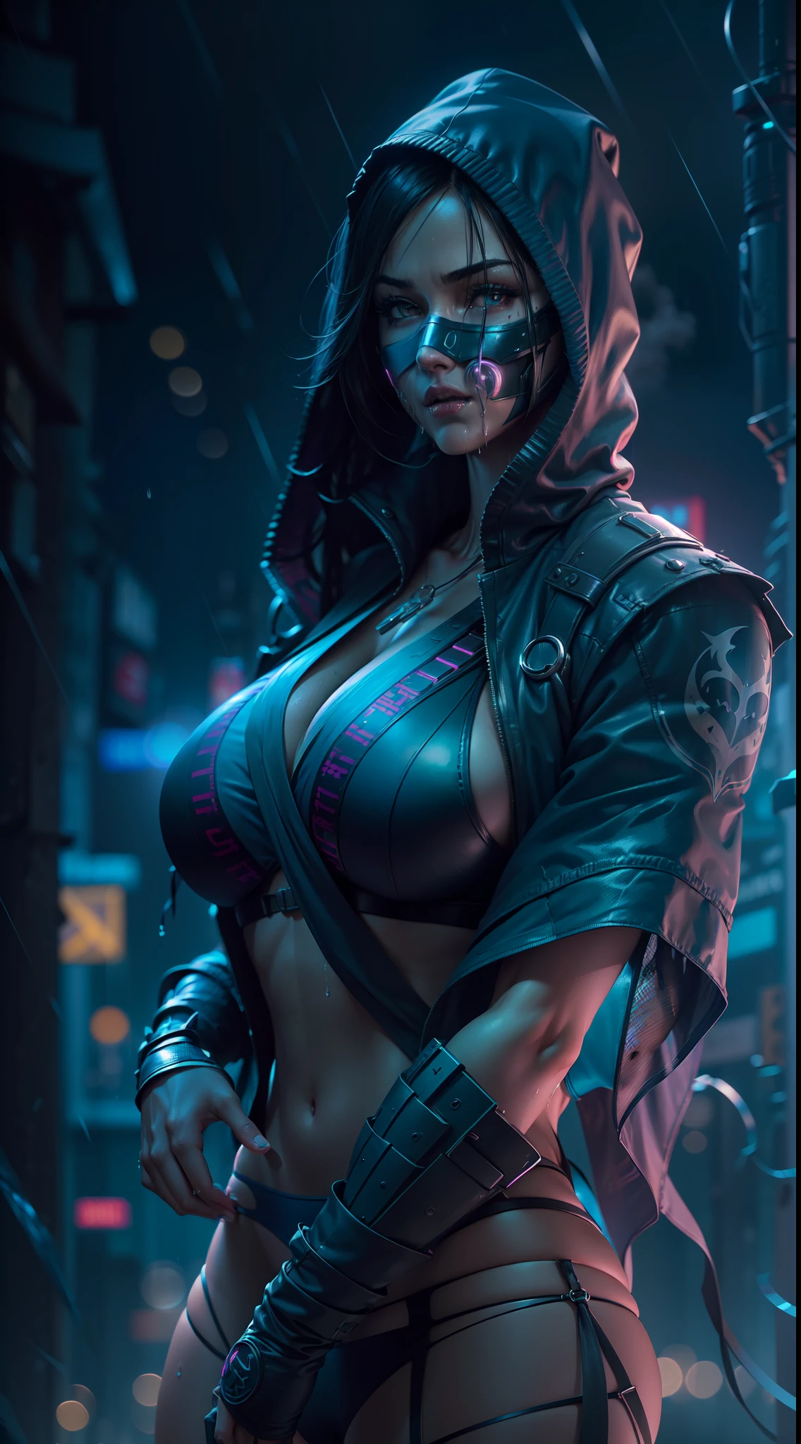 ((ultra resolution image)), ((HDR PLUS)), ((ultra realistic modeling)), high resolution, ((8k)), Tall Female, 37 years old, wet pink lips, medium breasts, medium hips , thick thighs , base ( Mortal Kombat kitana ), cyberpunk clothes, blue neon mask , raining , rain , nighttime ruined city