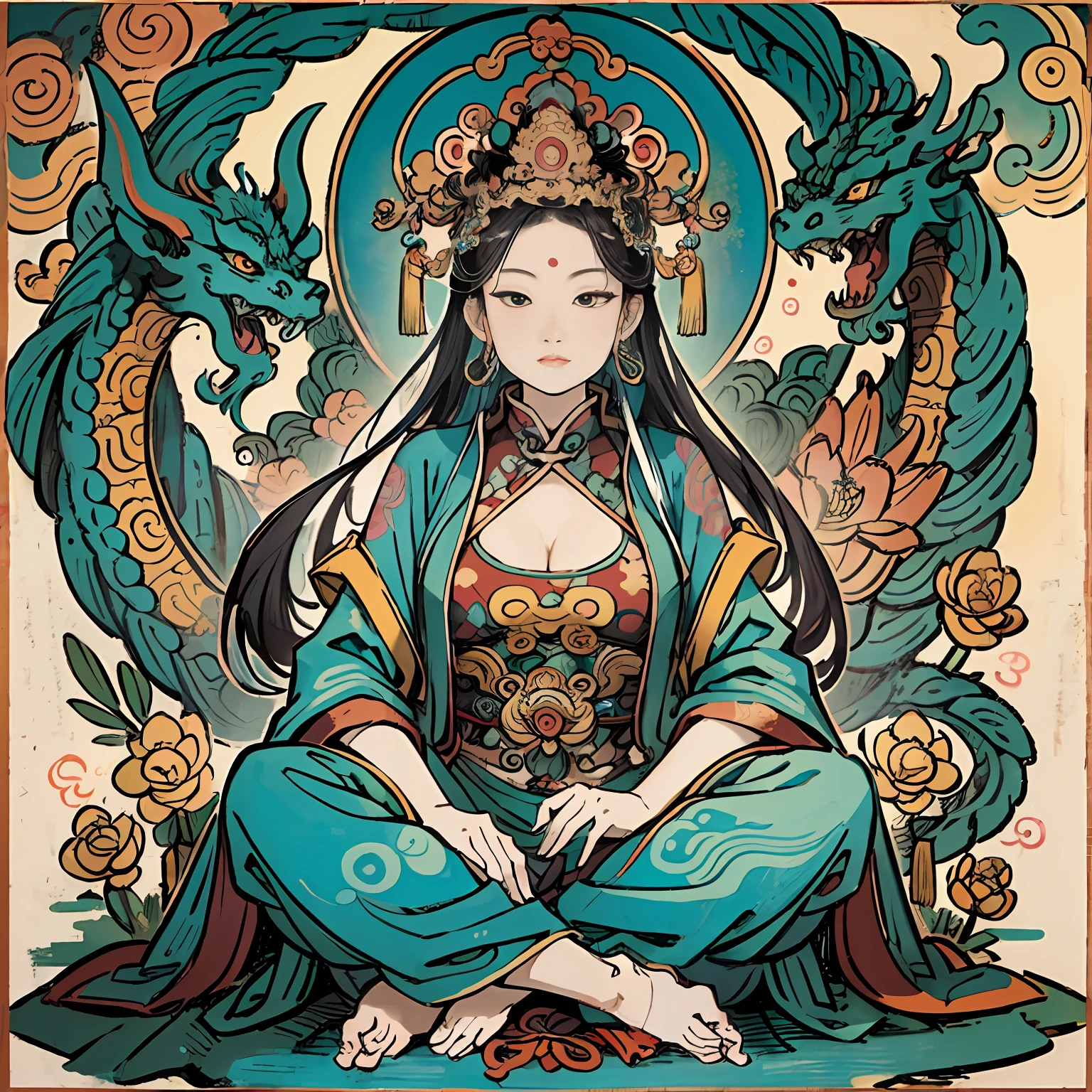 an ancient Chinese goddess, guanyin of the southern seas, Guanyin, Inspired by India, Avalokiteshvara rides a dragon,Serene expression,shui mo hua,Buddha,Buddhist,Lotus,Chinese painting style,Thangka style