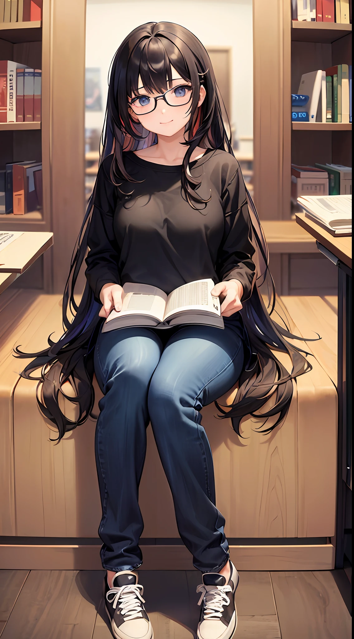 (masterpiece), best quality, expressive eyes, perfect face, 1girl, solo, pixie cut curly hair , (illustration: 1.1), (best eyes: 1.3), (beautiful and clear background: 1.25), (extremely detailed CG unity 8k wallpaper: 1.1), (colorful: 0.9), (depth of field: 0.75),
(detailed eyes: 1.4), black eyes, (multicolored hair: 1.2), brown hair, bright eyes, multi line in hair, glasses, long hair
(Oversize T-shirt: 1.4), scraft, jeans long pant, sneaker shoes,
looking_at_viewer, smile, library, indoor, romantic, reading book, close up,