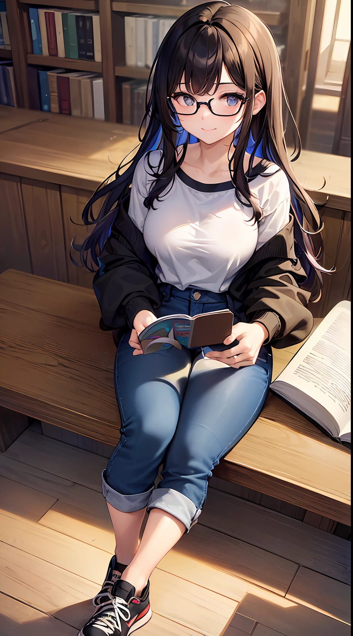 (masterpiece), best quality, expressive eyes, perfect face, 1girl, solo, pixie cut curly hair , (illustration: 1.1), (best eyes: 1.3), (beautiful and clear background: 1.25), (extremely detailed CG unity 8k wallpaper: 1.1), (colorful: 0.9), (depth of field: 0.75),
(detailed eyes: 1.4), black eyes, (multicolored hair: 1.2), brown hair, bright eyes, multi line in hair, glasses, long hair
(Oversize T-shirt: 1.4), scraft, jeans long pant, sneaker shoes,
looking_at_viewer, smile, library, indoor, romantic, reading book, close up,