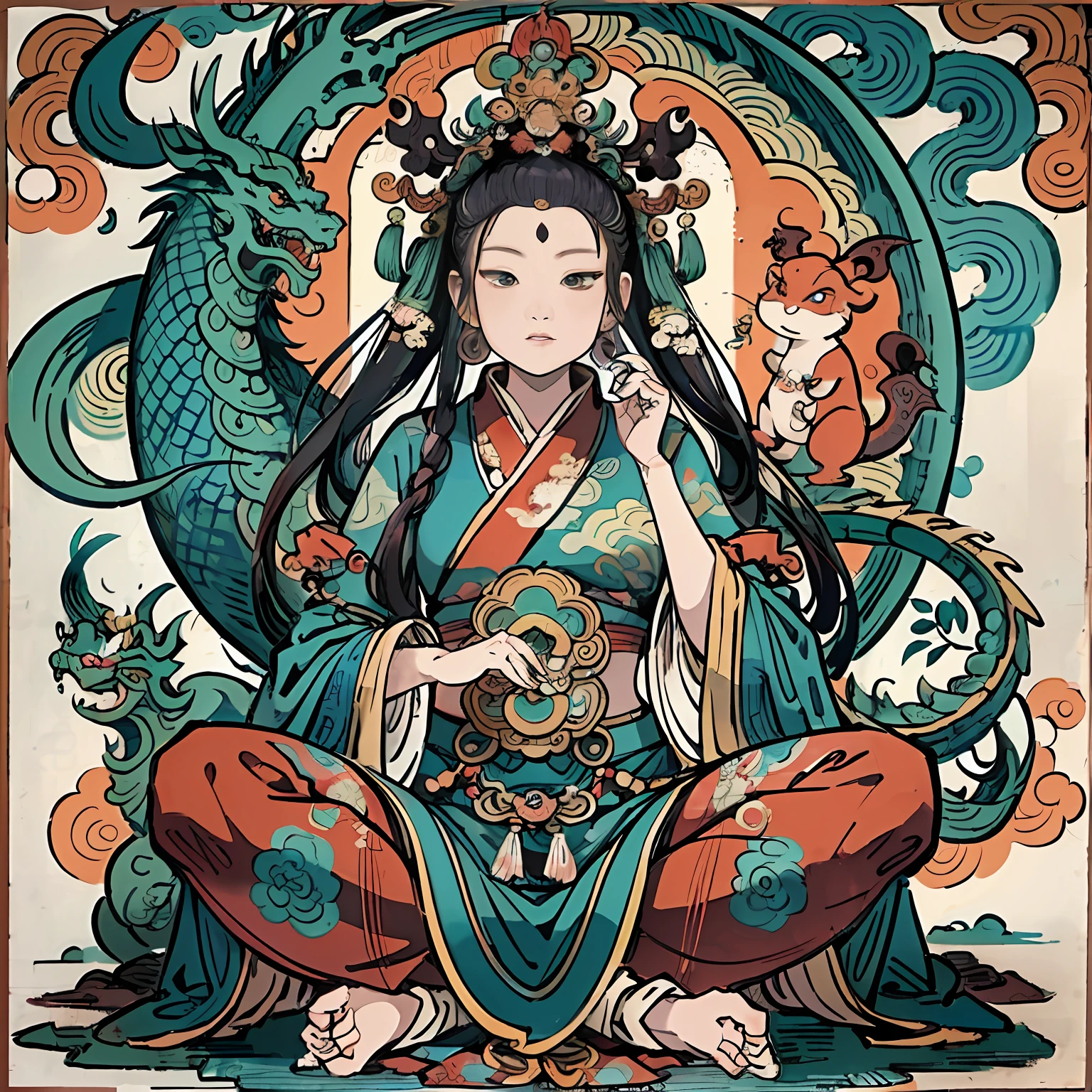 an ancient Chinese goddess, guanyin of the southern seas, Guanyin, Inspired by India, Avalokiteshvara rides a dragon,Serene expression,shui mo hua,Buddha,Buddhist,Lotus,Chinese painting style,Thangka style