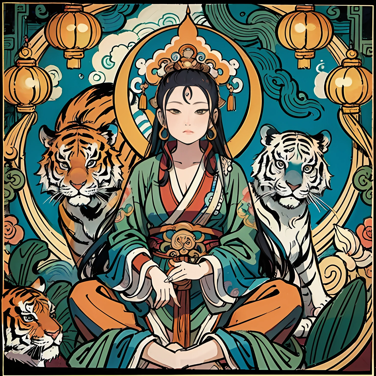 an ancient Chinese goddess, guanyin of the southern seas, Guanyin, Inspired by India, Avalokiteshvara rides a tiger,Serene expression,shui mo hua,Buddha,Buddhist,Lotus,Chinese painting style,Thangka style