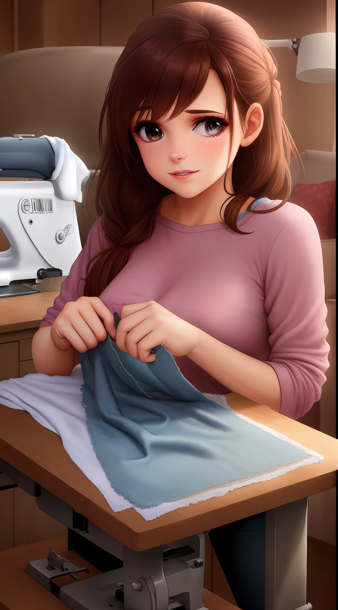 Young mom sews a rag on a sewing machine,livingroom