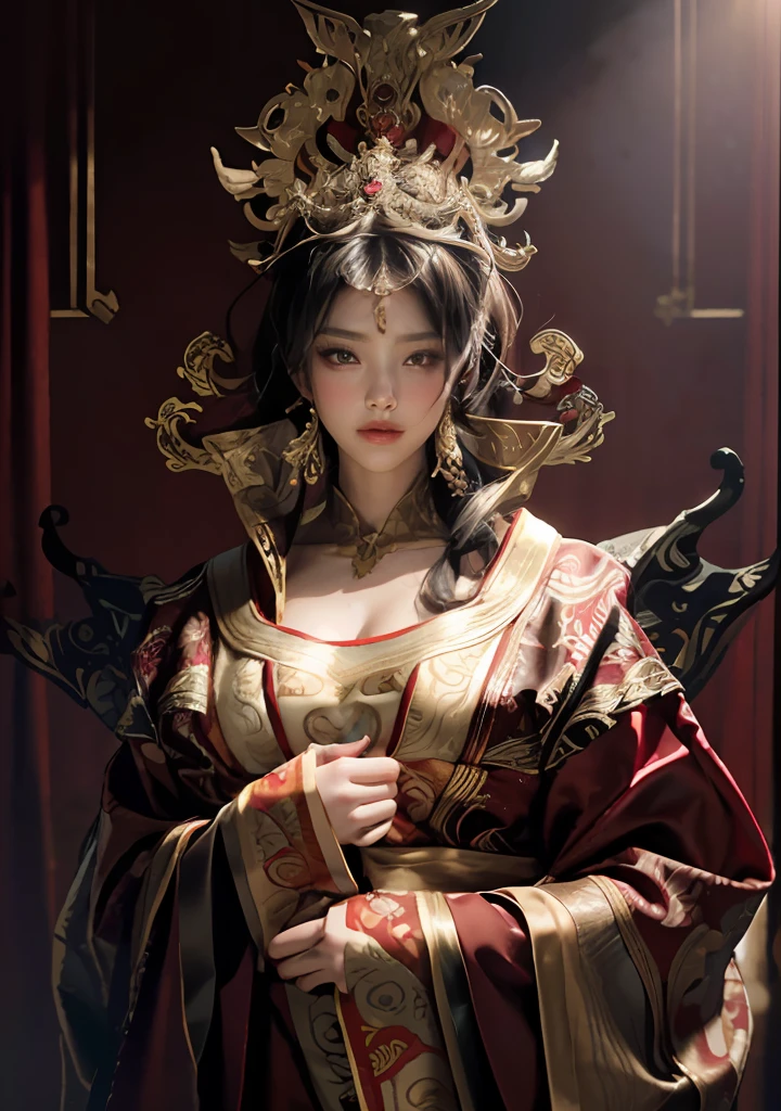 Art depicts a charming woman，Dressed in a flowing manner、Silky traditional oriental dress，Red-gold，Decorated with intricate patterns and bright colors。Her dress draped elegantly over her curvy figure，Highlights her seductive silhouette。She stood gracefully in the tranquil sunlight，Bask in soft sunlight。The scene exudes an ethereal and dreamy atmosphere，With a touch of mystery and sexiness。The image style incorporates watercolor and digital illustration techniques，It evokes a refined beauty and charm。The lights are filled with soft moonlight，casting soft highlights and shadows on her charming features。Bare thighs，Bigchest