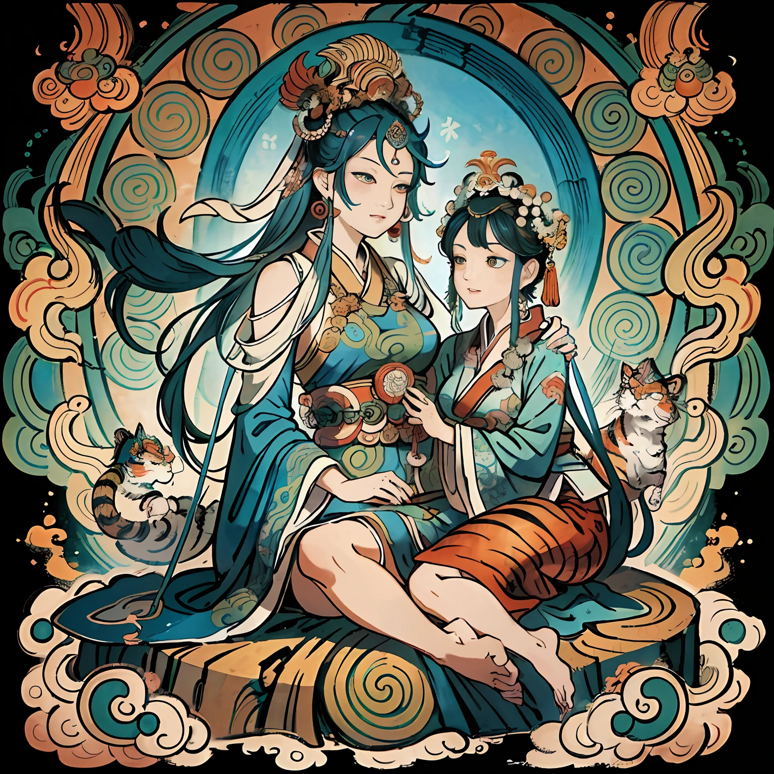 an ancient Chinese goddess, guanyin of the southern seas, Guanyin, Inspired by India, Avalokiteshvara rides a tiger,Serene expression,shui mo hua,Buddha,Buddhist,Lotus,Chinese painting style,Thangka style