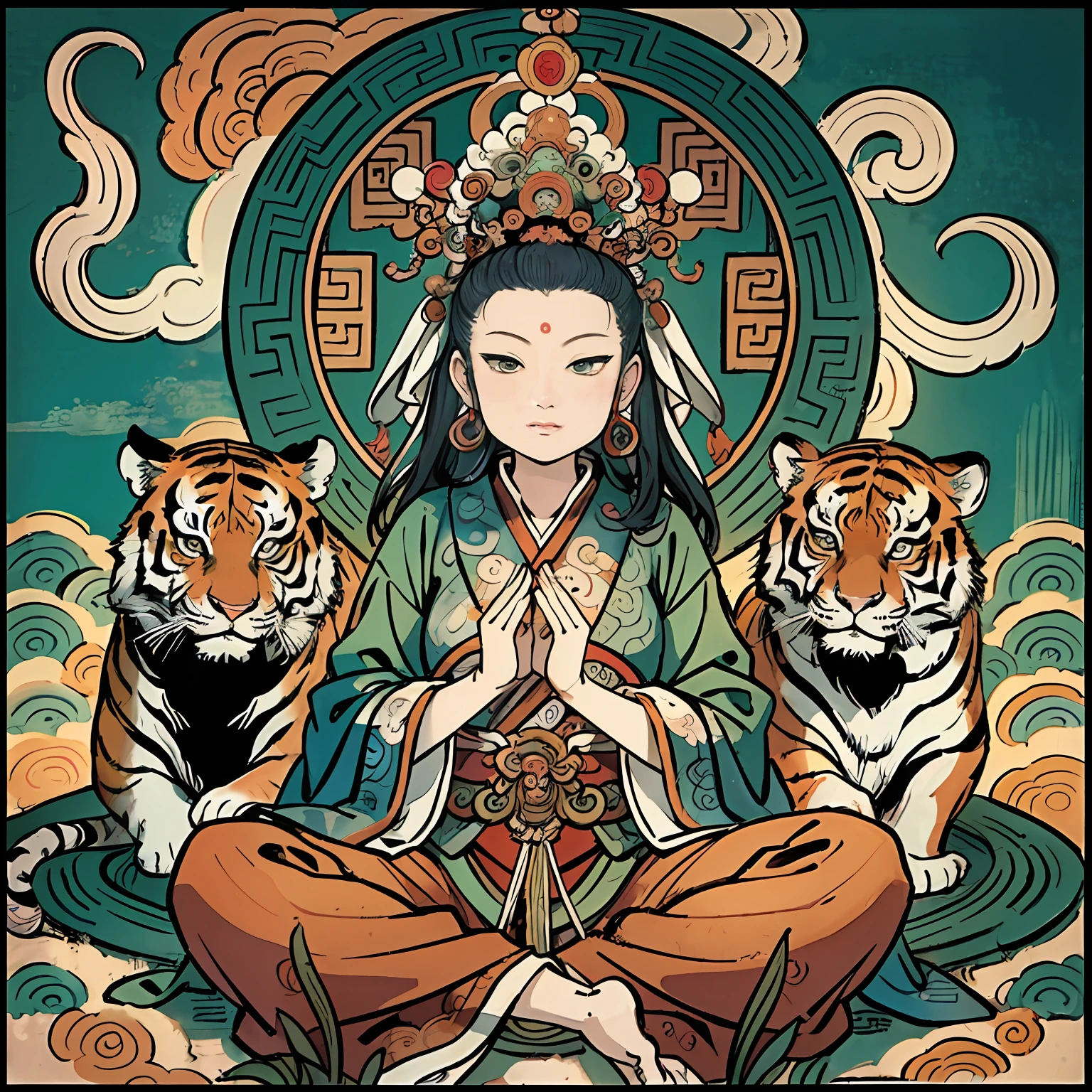 an ancient Chinese goddess, guanyin of the southern seas, Guanyin, Inspired by India, Avalokiteshvara rides a tiger,Serene expression,shui mo hua,Buddha,Buddhist,Lotus,Chinese painting style,Thangka style