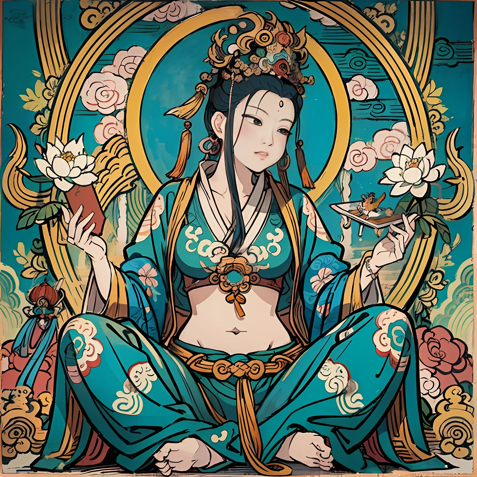 an ancient Chinese goddess, guanyin of the southern seas, Guanyin, Inspired by India, Avalokiteshvara rides a lion,,Serene expression,shui mo hua,Buddha,Buddhist,Lotus,Chinese painting style,Thangka style