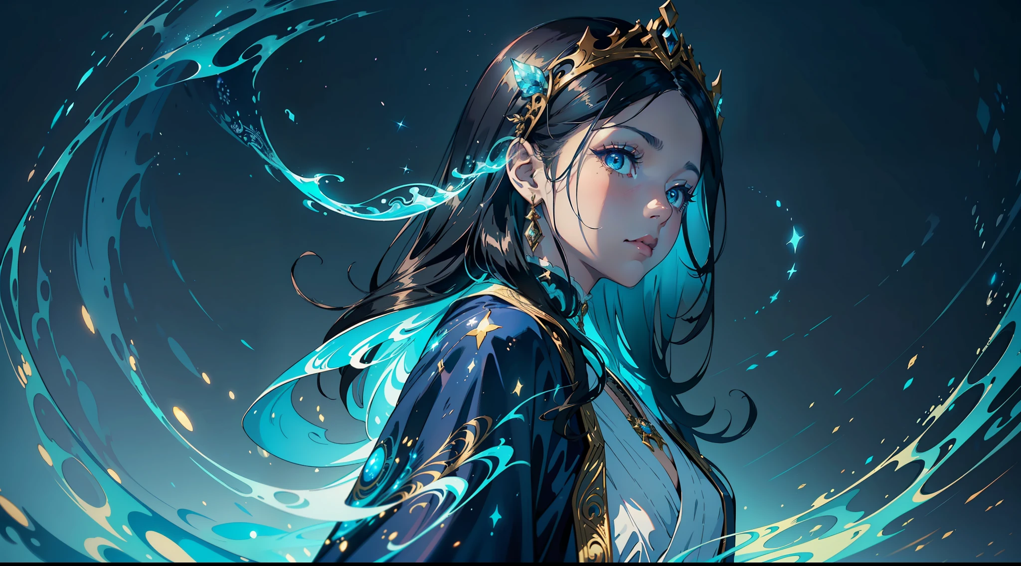 A young girl with long black hair, Wearing a flowing blue robe, And distant gazes. (Fantasy art style: 1.2), (Magical and charming atmosphere: 1.3), (Luminous elements: 1.1), (Fine details of the garment: 1.2), (Subtle makeup,Faint shimmer: 1.1), (Mysterious Expression: 1.3), (Gorgeous pattern on the robe: 1.2), (Realistic portrait with a touch of fantasy: 1.4), (Inspired by the work of Victoria Francis: 1.3), (featured on Artstation: 1.1), (Emphasis on creating depth: 1.2), (Cool tones with a hint of blue: 1.1)