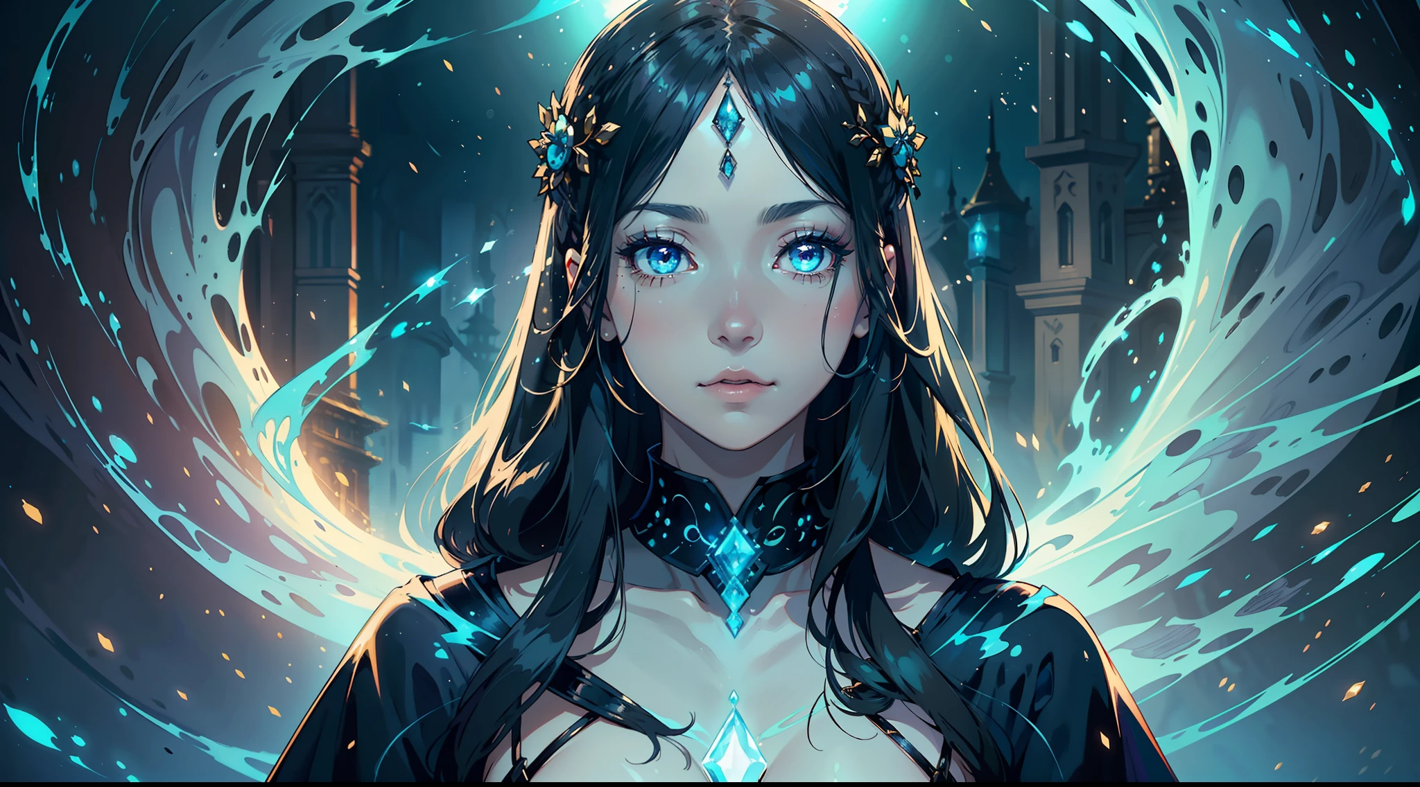 A young girl with long black hair, Wearing a flowing blue robe, And distant gazes. (Fantasy art style: 1.2), (Magical and charming atmosphere: 1.3), (Luminous elements: 1.1), (Fine details of the garment: 1.2), (Subtle makeup,Faint shimmer: 1.1), (Mysterious Expression: 1.3), (Gorgeous pattern on the robe: 1.2), (Realistic portrait with a touch of fantasy: 1.4), (Inspired by the work of Victoria Francis: 1.3), (featured on Artstation: 1.1), (Emphasis on creating depth: 1.2), (Cool tones with a hint of blue: 1.1)