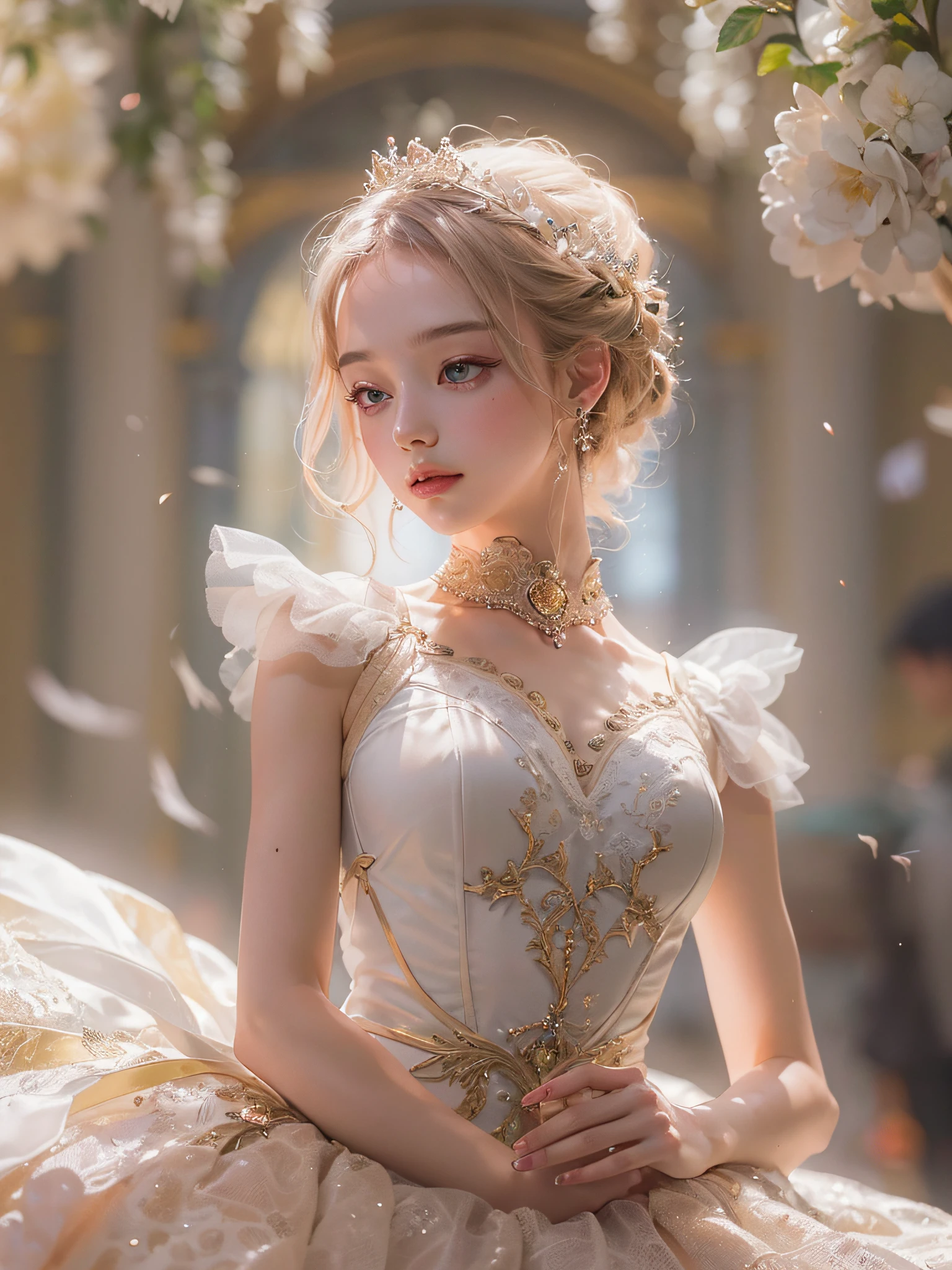(official art, unity 8k wallpaper, ultra detailed, beautiful and aesthetic, beautiful, masterpiece, best quality:1.3), (a beautiful ballerina ), upper body, shiny skin, ultra-detailed face,