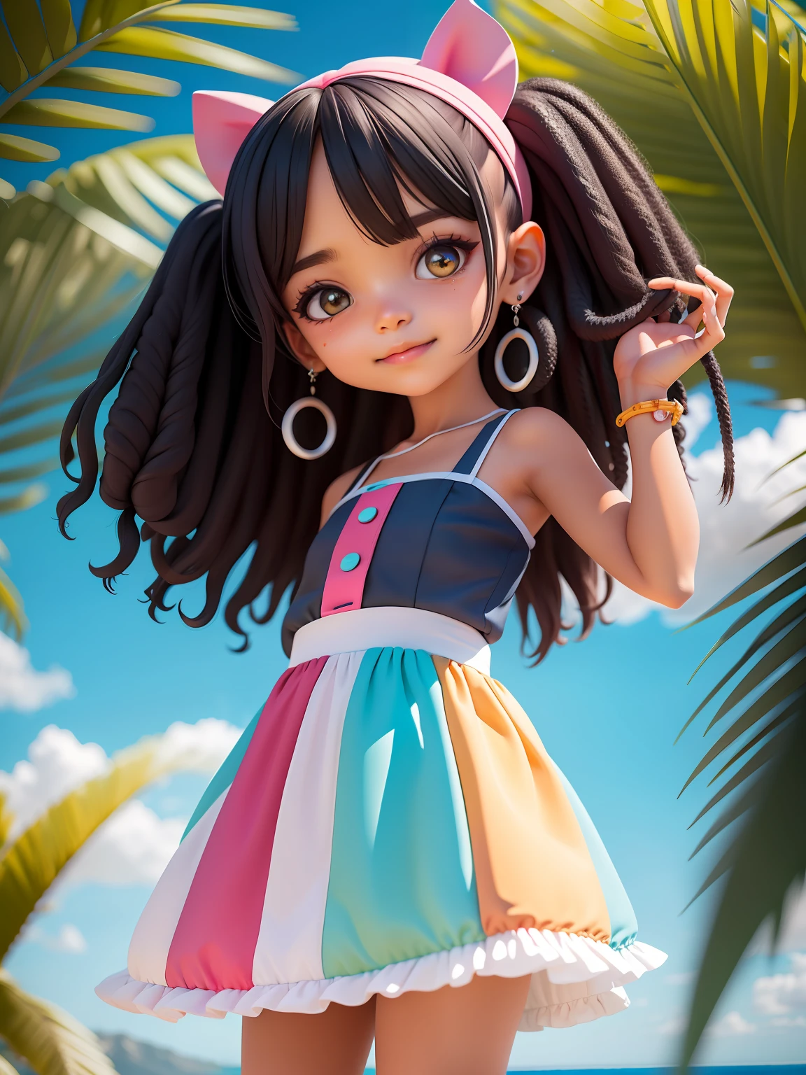 (obra-prima), (melhor qualidade), (ultra-detalhado), (corpo inteiro: 1.2) menira, liso, encaracolado ,big summer dress, sorriso claro, corpo inteiro, :3, cabelo mesclado, curto, preso, pavor, moderno, Modern accessories, fundo tom pastel , colorido e simples.