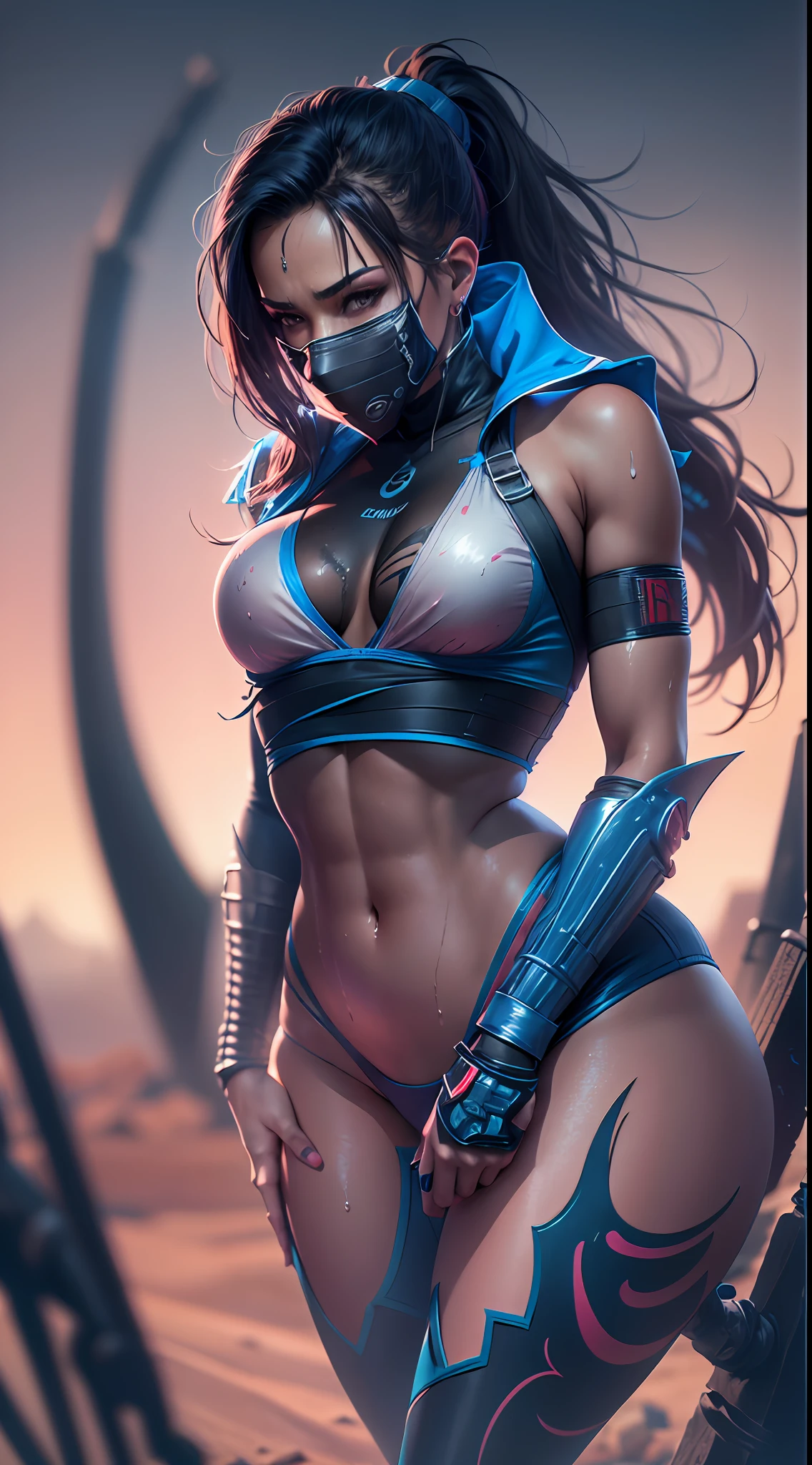 ((ultra resolution image)), ((HDR PLUS)), ((ultra realistic modeling)), high resolution, ((8k)), Tall Female, 37 years old, wet pink lips, medium breasts, medium hips , thick thighs , base ( Mortal Kombat kitana ), cyberpunk clothes, neon blue mask , desert , sweaty skin